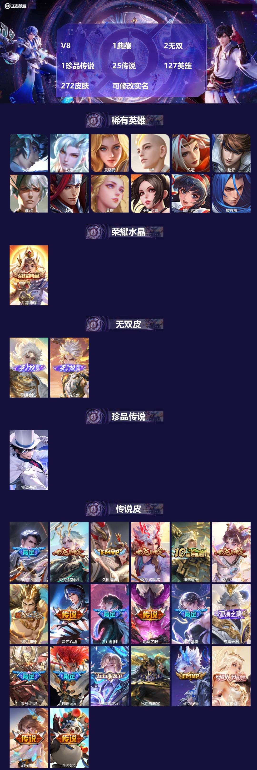 王者荣耀账号苹果QQ127英雄-272皮肤-V8 1典藏 2无双 1珍品传说 25传说 127英雄 272皮肤 可修改实