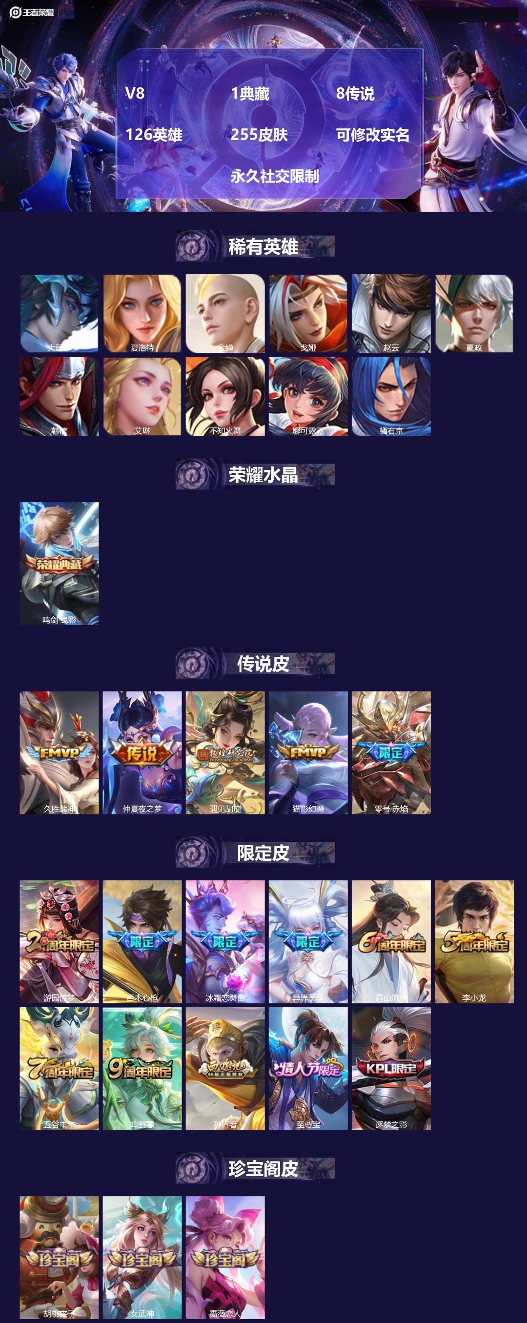 王者荣耀账号安卓VX126英雄-255皮肤-V8 1典藏 8传说 126英雄 255皮肤 可修改实名  永久社交限制
【