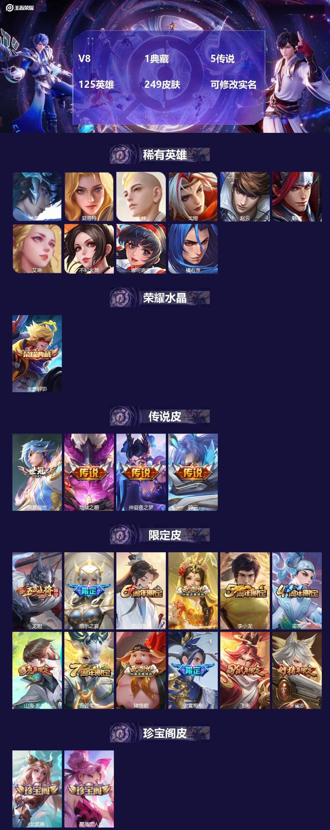 王者荣耀账号苹果QQV8 1典藏 5传说 125英雄 249皮肤 可修改实名 
【英雄全皮】:猪八戒全皮
【稀有英雄】: