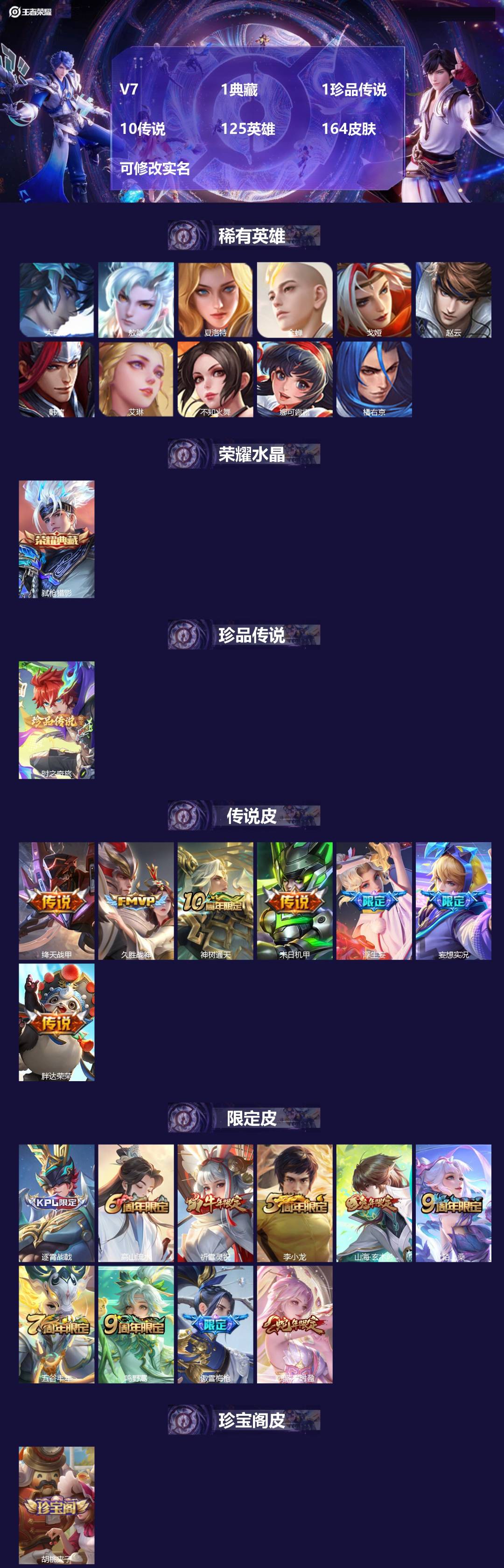 王者荣耀账号安卓QQ[14083018]V7 1典藏 1珍品传说 10传说 125英雄 164皮肤 可修改实名 
【英雄