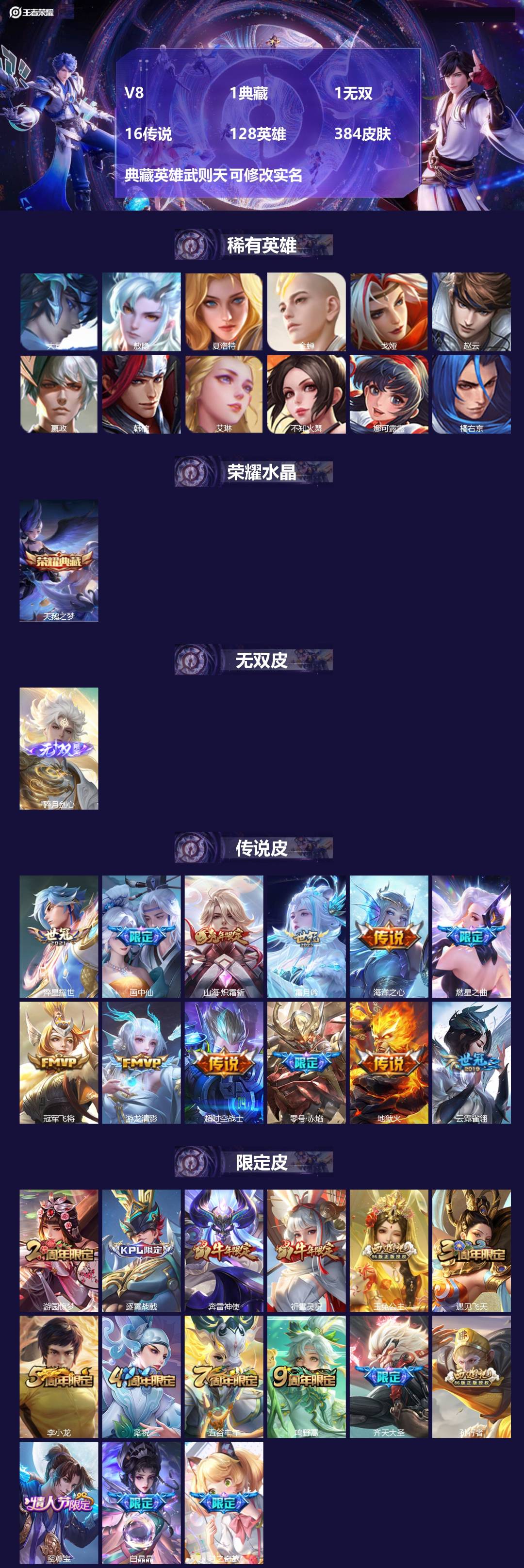 王者荣耀账号安卓QQ128英雄-384皮肤-V8 1典藏 1无双 16传说 128英雄 384皮肤 典藏英雄武则天 可修