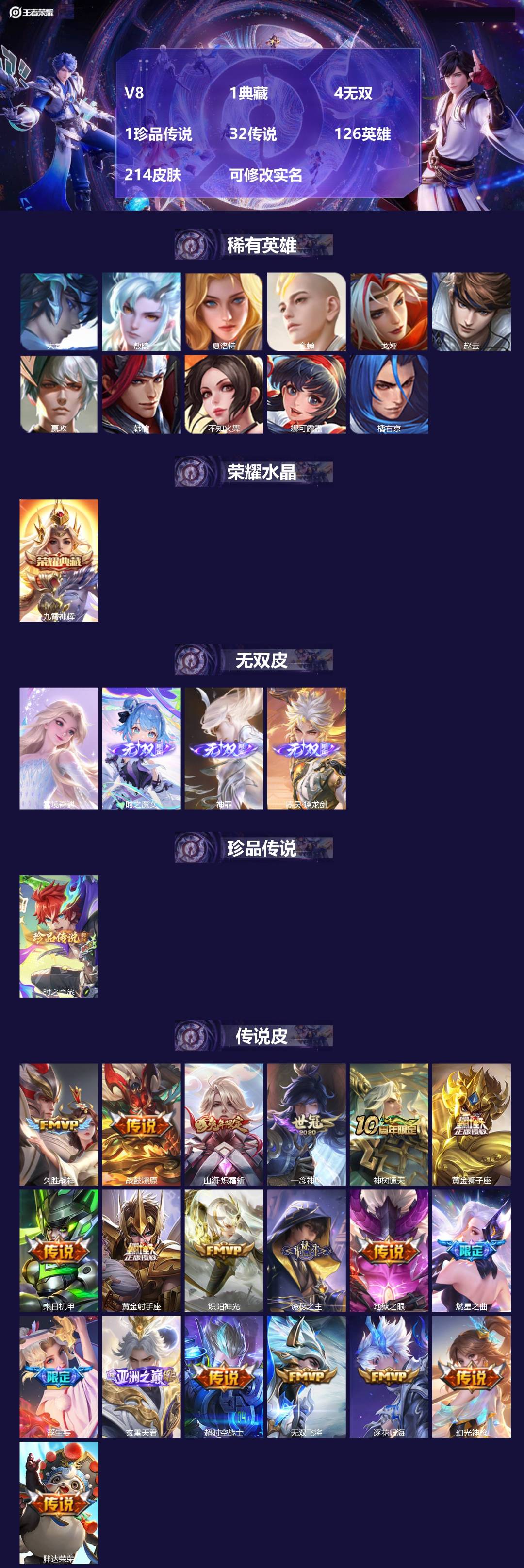 王者荣耀账号苹果QQ126英雄-214皮肤-V8 1典藏 4无双 1珍品传说 32传说 126英雄 214皮肤 可修改实