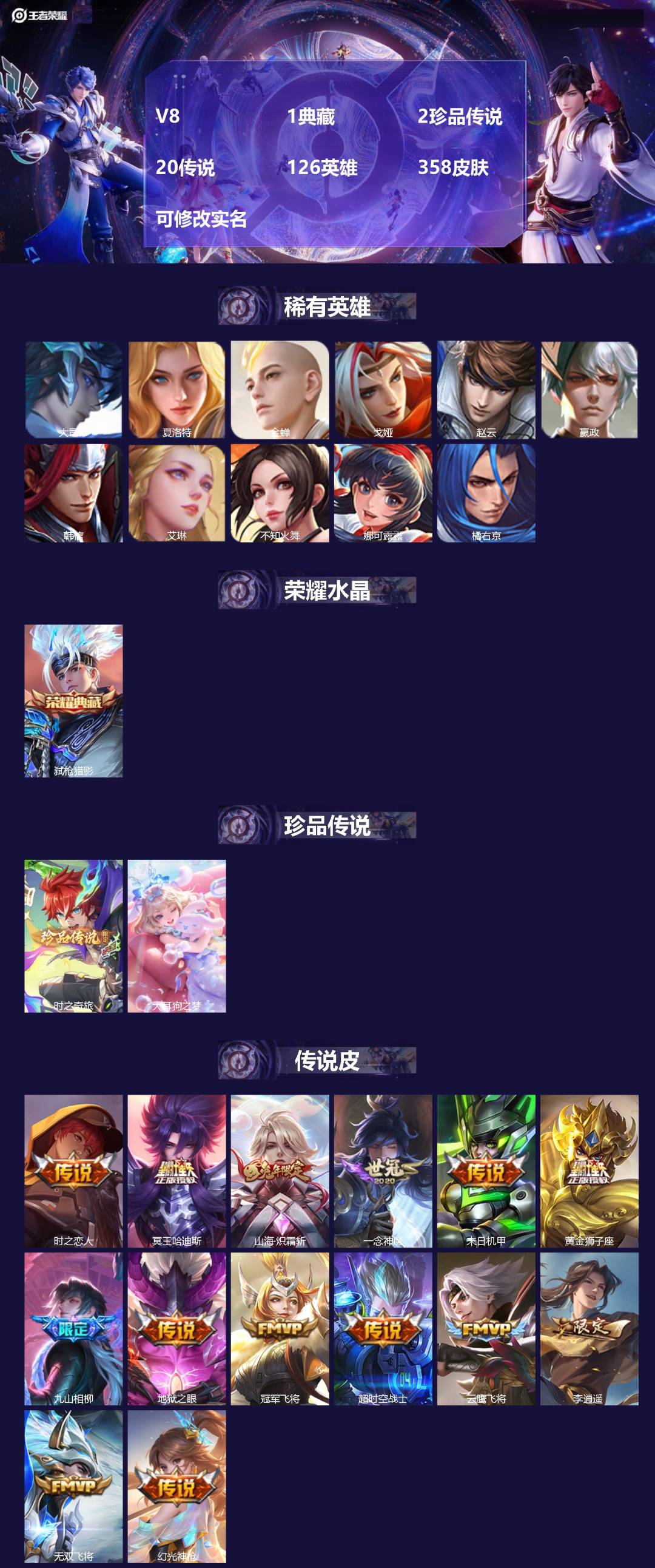 王者荣耀账号安卓QQ126英雄-358皮肤-[]V8 1典藏 2珍品传说 20传说 126英雄 358皮肤 可修改实名 