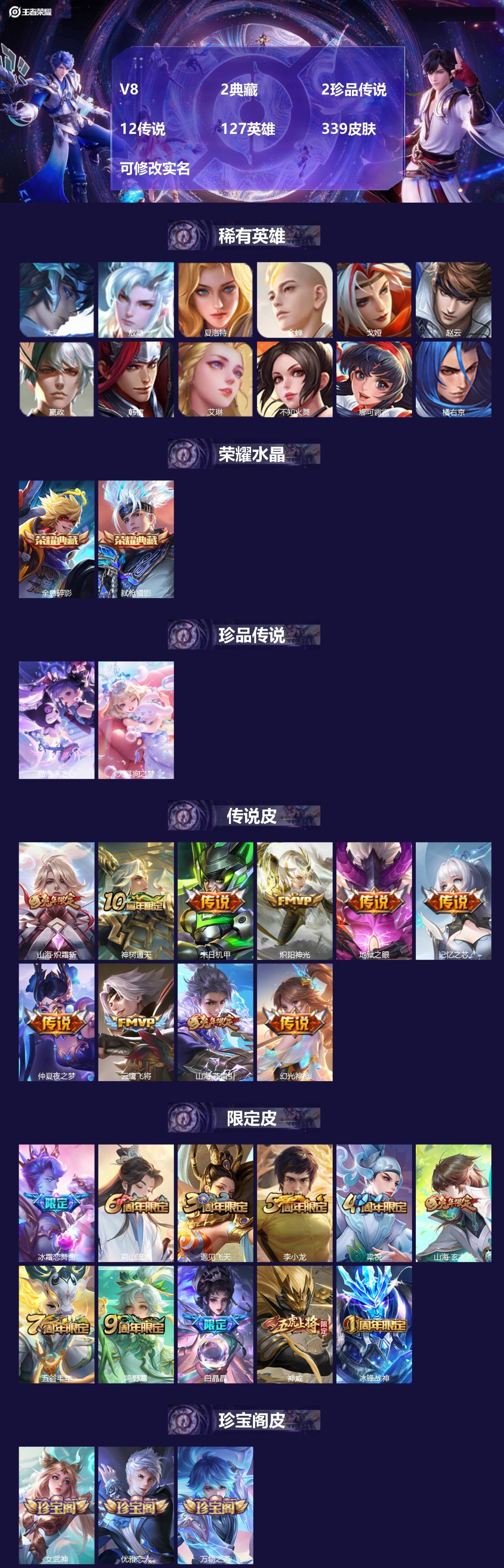 王者荣耀账号苹果QQ127英雄-339皮肤-[]V8 2典藏 2珍品传说 12传说 127英雄 339皮肤 可修改实名 