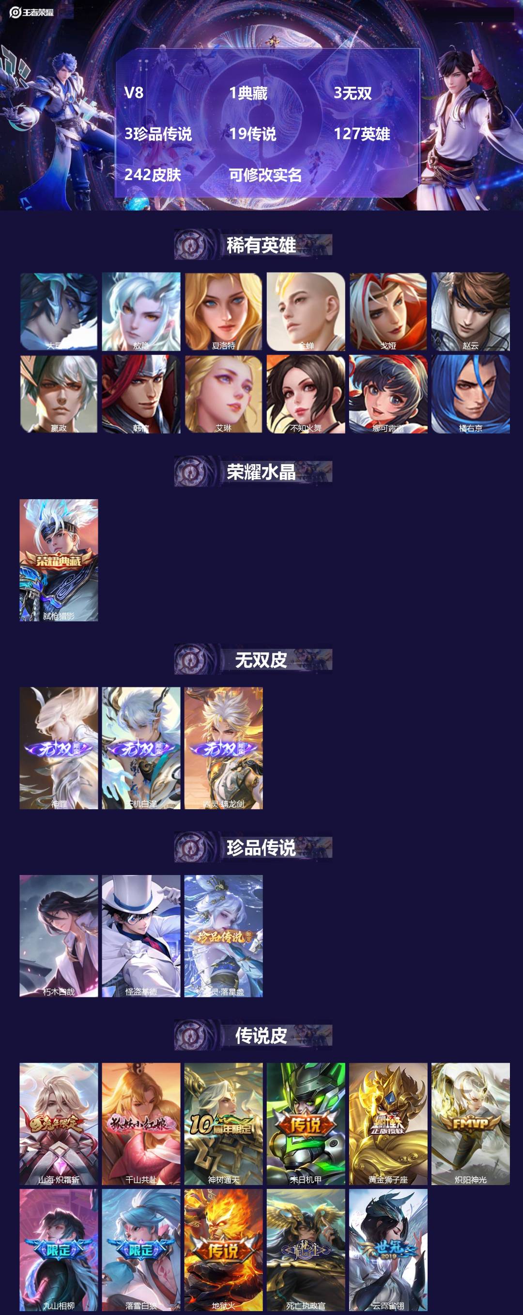 王者荣耀账号苹果QQ127英雄-242皮肤-V8 1典藏 3无双 3珍品传说 19传说 127英雄 242皮肤 可修改实