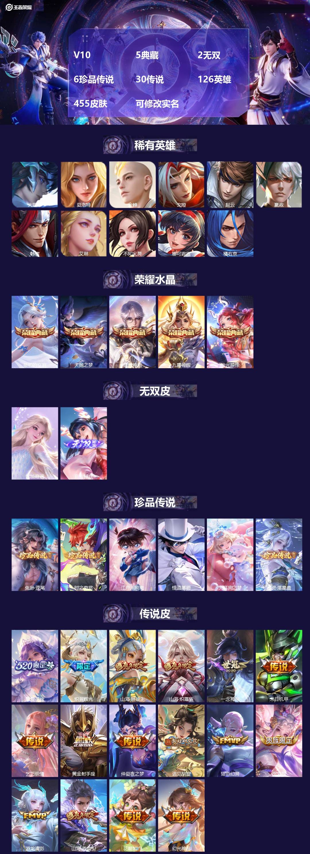 王者荣耀账号苹果QQ126英雄-455皮肤-V10 5典藏 2无双 6珍品传说 30传说 126英雄 455皮肤 可修改