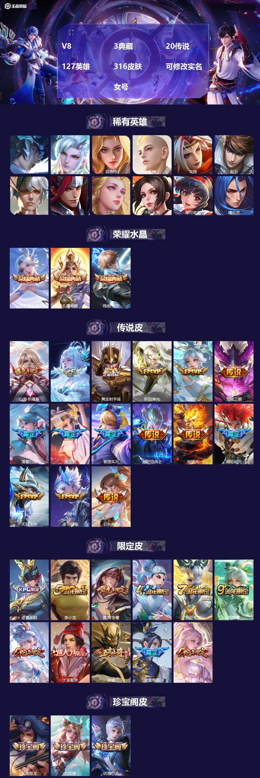 王者荣耀账号安卓QQ127英雄-316皮肤-[]V8 3典藏 20传说 127英雄 316皮肤 可修改实名  女号
【英