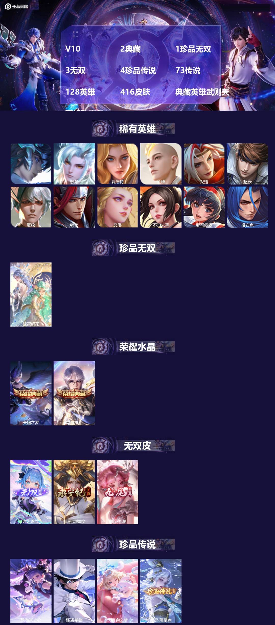 王者荣耀账号安卓QQ128英雄-416皮肤-V10 2典藏 1珍品无双 3无双 4珍品传说 73传说 128英雄 416