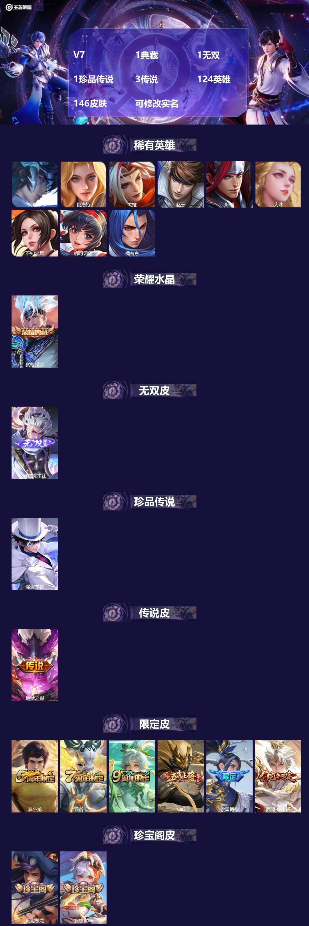 王者荣耀账号苹果QQ124英雄-146皮肤-[]V7 1典藏 1无双 1珍品传说 3传说 124英雄 146皮肤 可修改