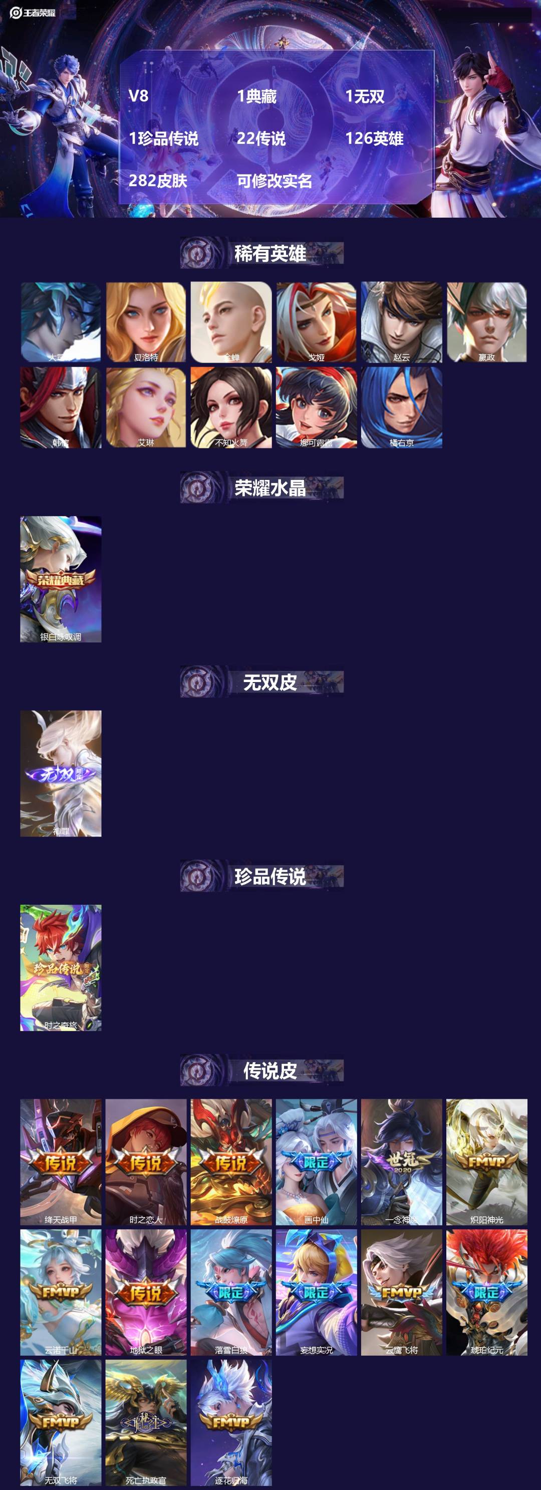 王者荣耀账号安卓QQ126英雄-282皮肤-V8 1典藏 1无双 1珍品传说 22传说 126英雄 282皮肤 可修改实