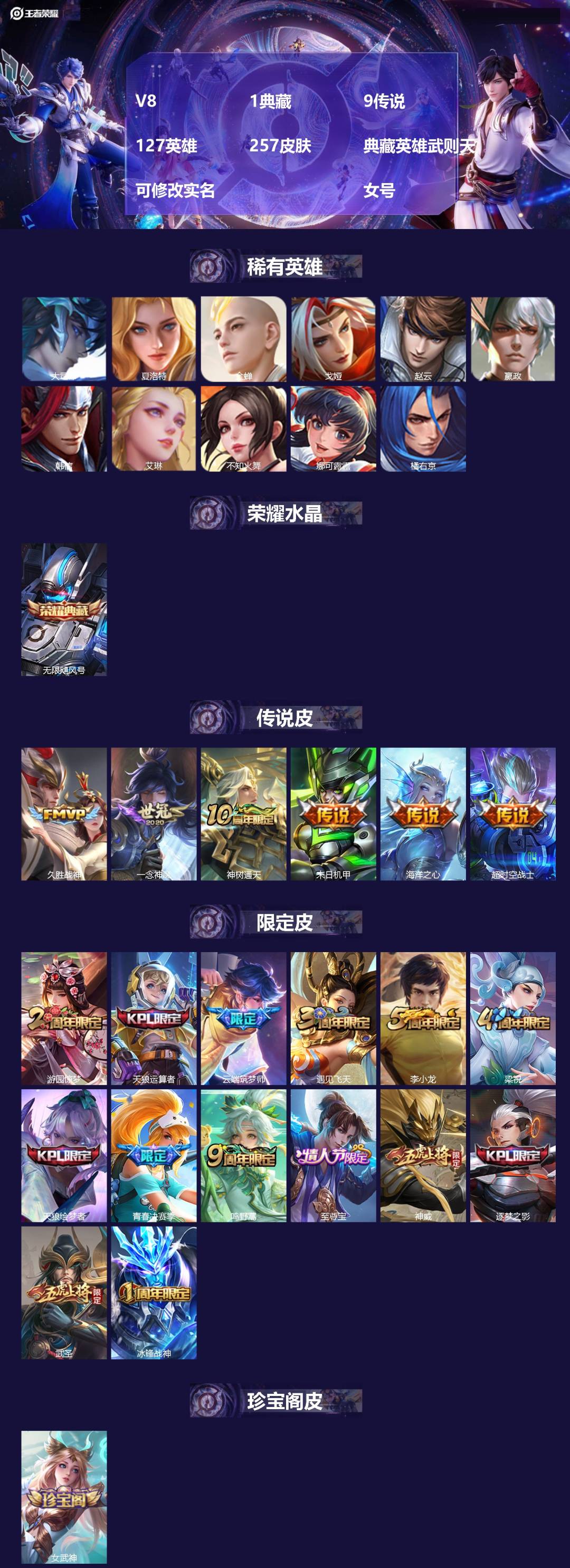 王者荣耀账号苹果QQ127英雄-257皮肤-V8 1典藏 9传说 127英雄 257皮肤 典藏英雄武则天 可修改实名  