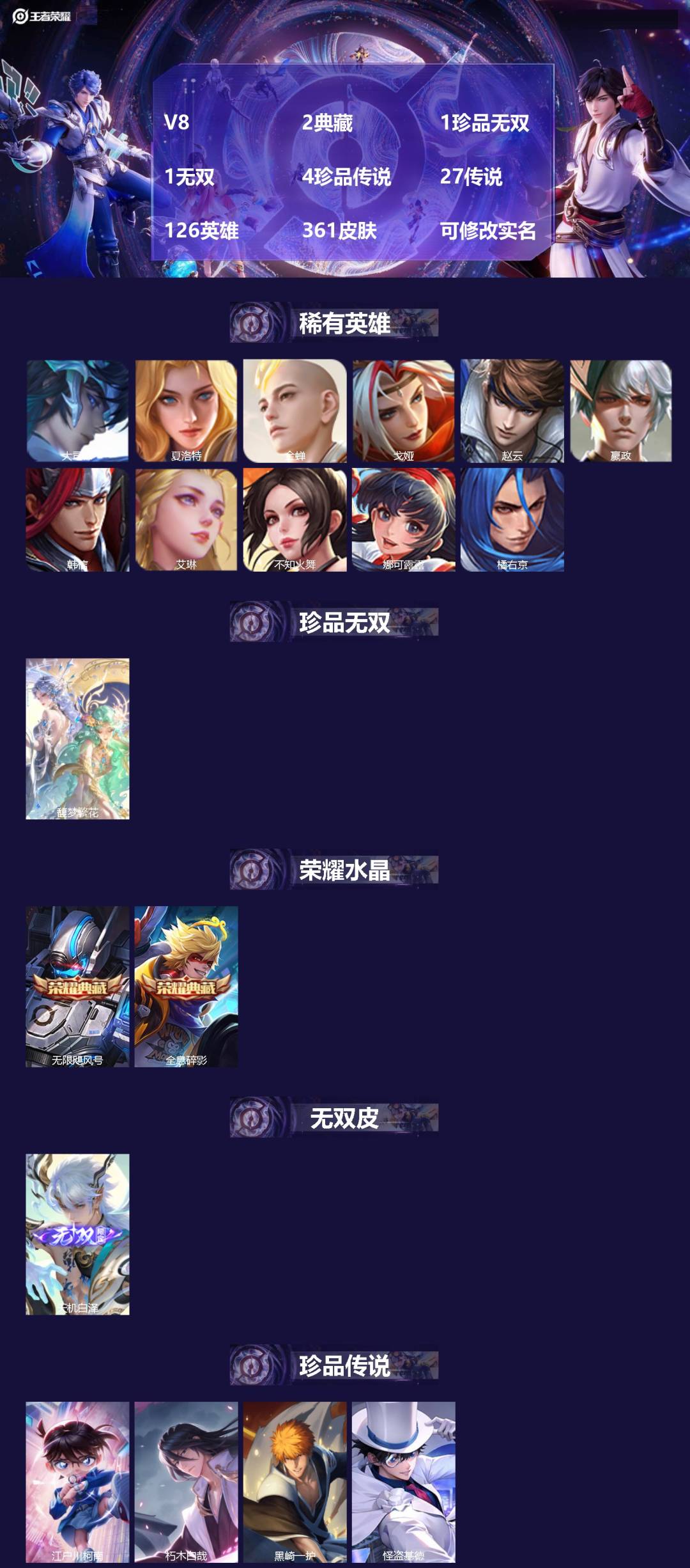 王者荣耀账号安卓QQV8 2典藏 1珍品无双 1无双 4珍品传说 27传说 126英雄 361皮肤 可修改实名
【英雄全