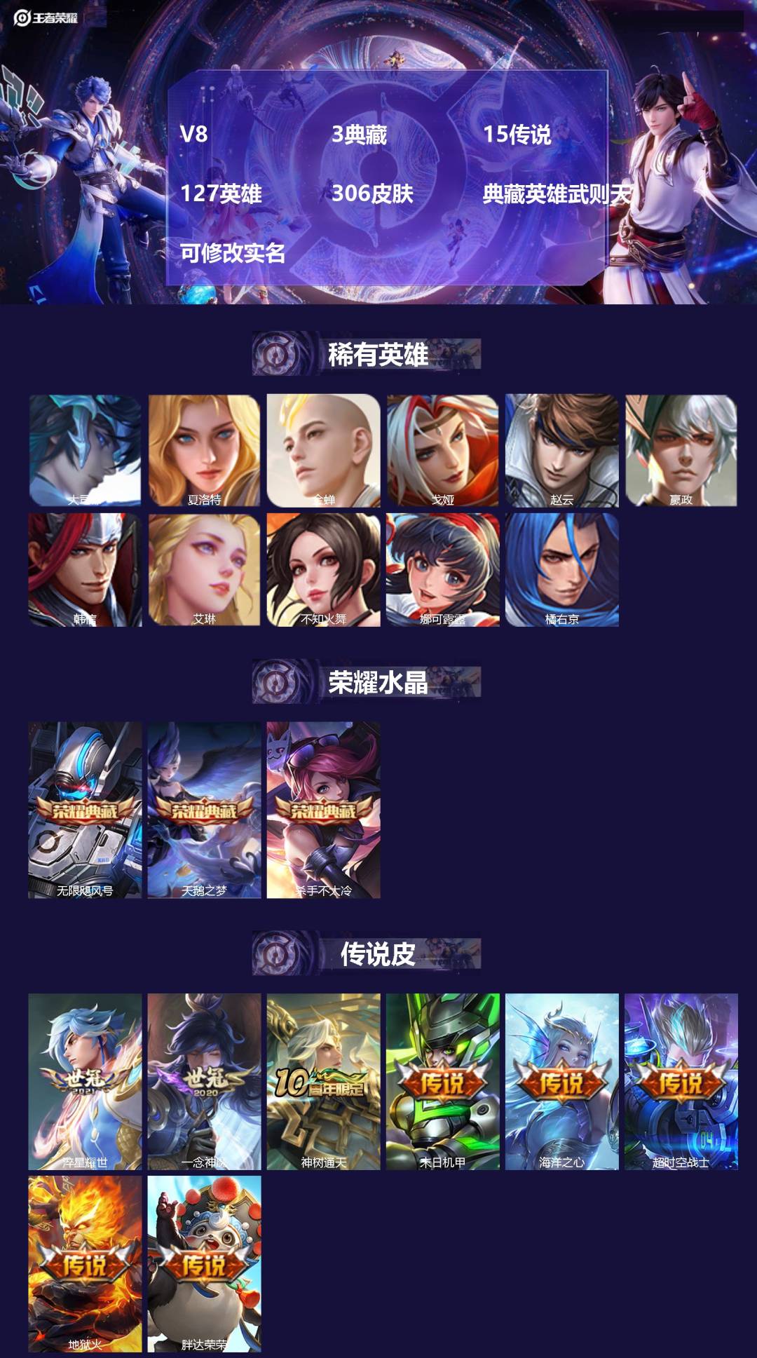 王者荣耀账号安卓QQ127英雄-306皮肤-V8 3典藏 15传说 127英雄 306皮肤 典藏英雄武则天 可修改实名 