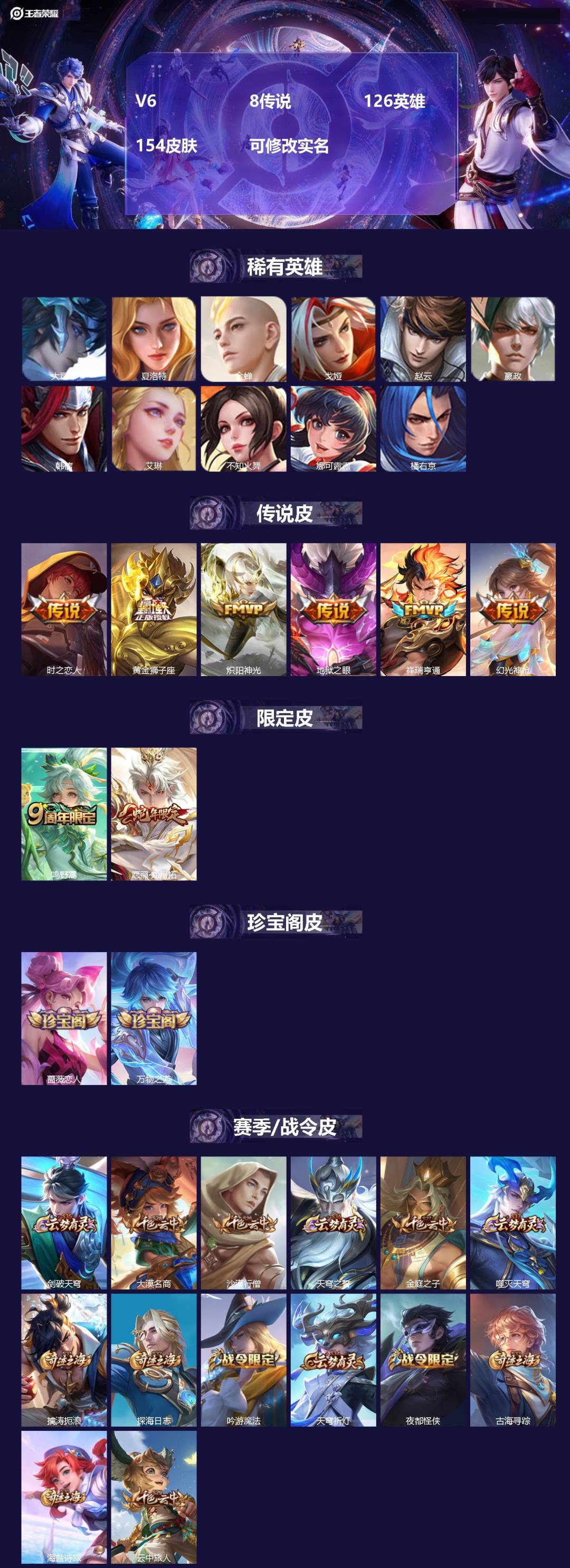 王者荣耀账号安卓QQ[14142819]V6 8传说 126英雄 154皮肤 可修改实名 
【稀有英雄】:大司命,嬴政(