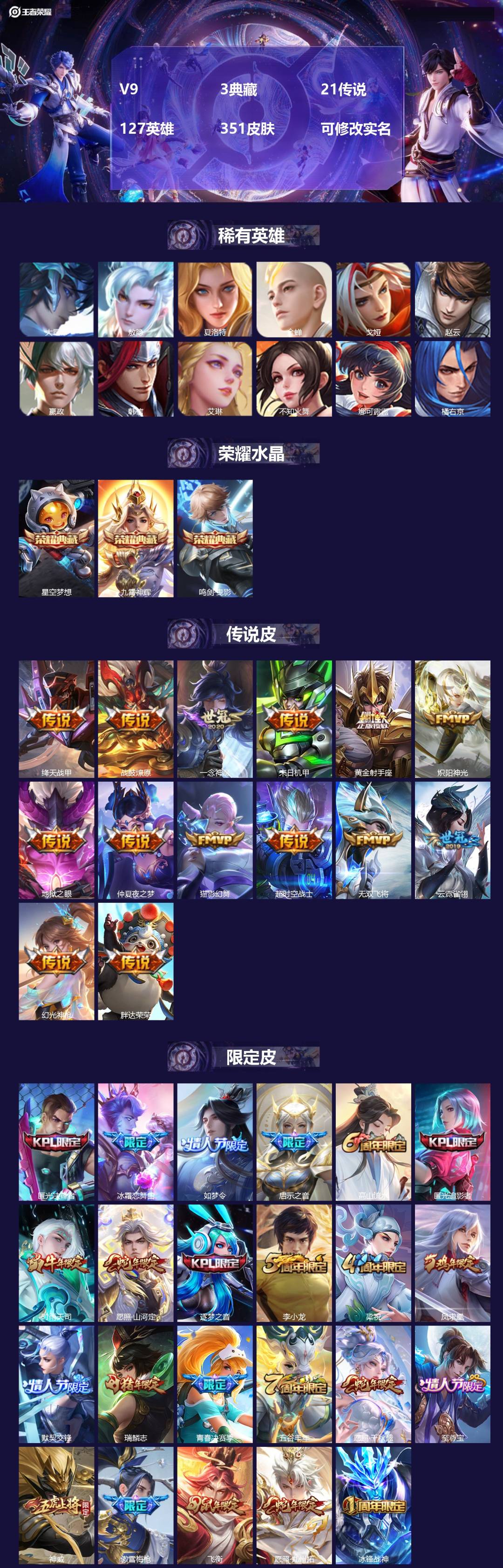 王者荣耀账号安卓QQ127英雄-351皮肤-V9 3典藏 21传说 127英雄 351皮肤 可修改实名 
【英雄全皮】: