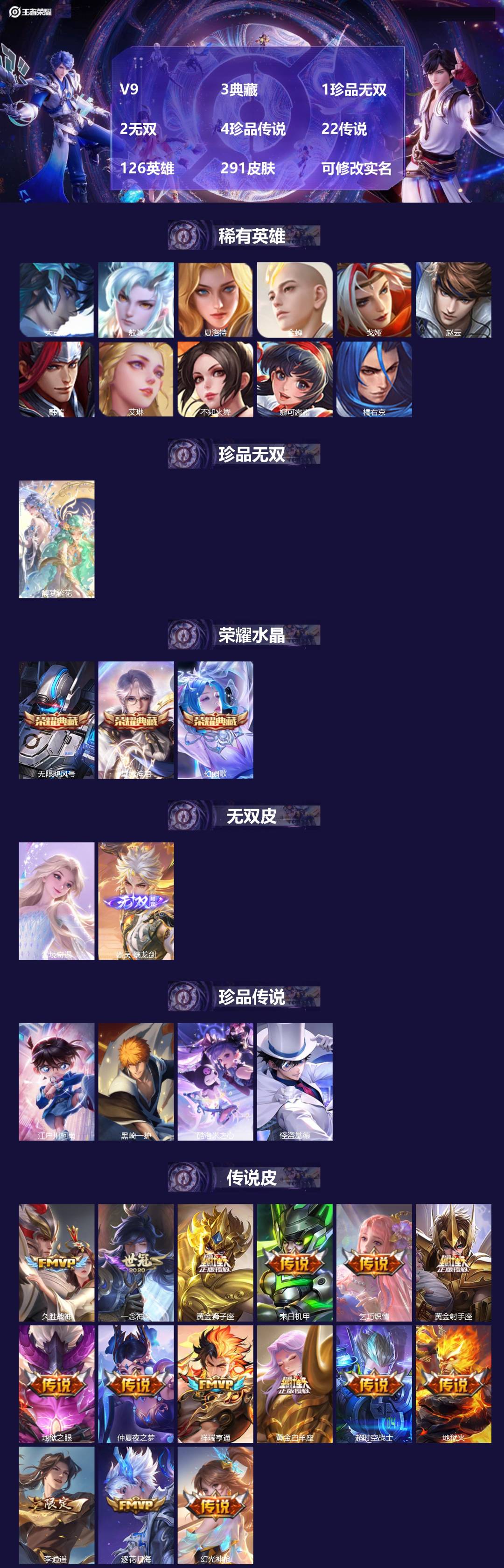王者荣耀账号安卓QQ126英雄-291皮肤-V9 3典藏 1珍品无双 2无双 4珍品传说 22传说 126英雄 291皮