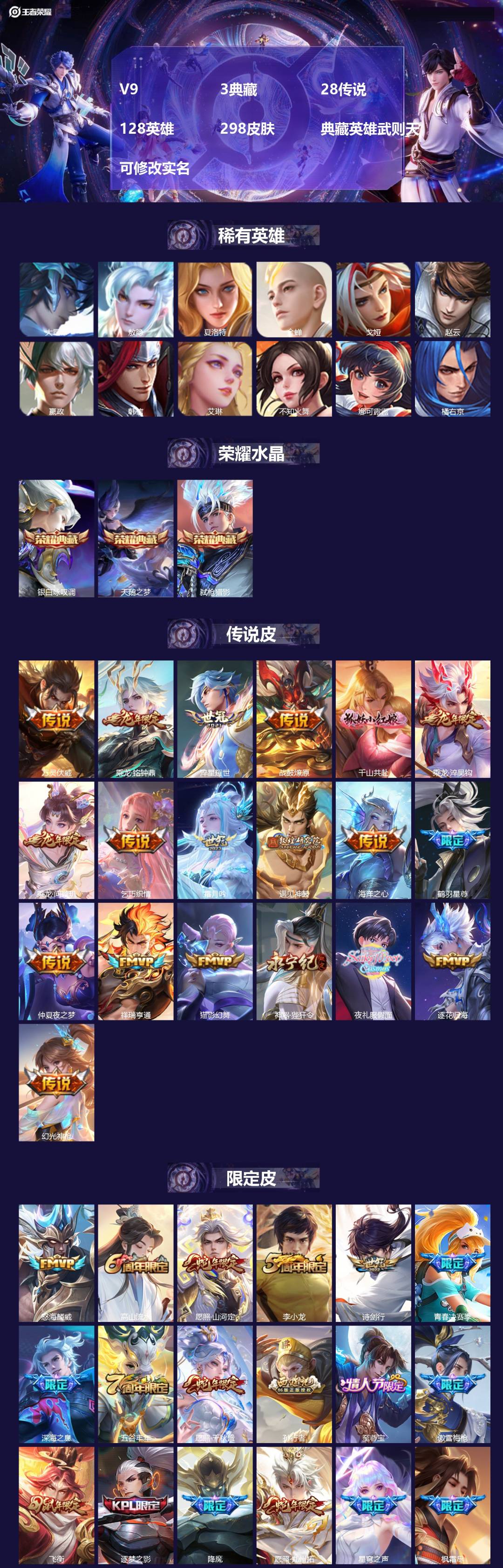 王者荣耀账号苹果VXV9 3典藏 28传说 128英雄 298皮肤 典藏英雄武则天 可修改实名
【英雄全皮】:司空震全皮