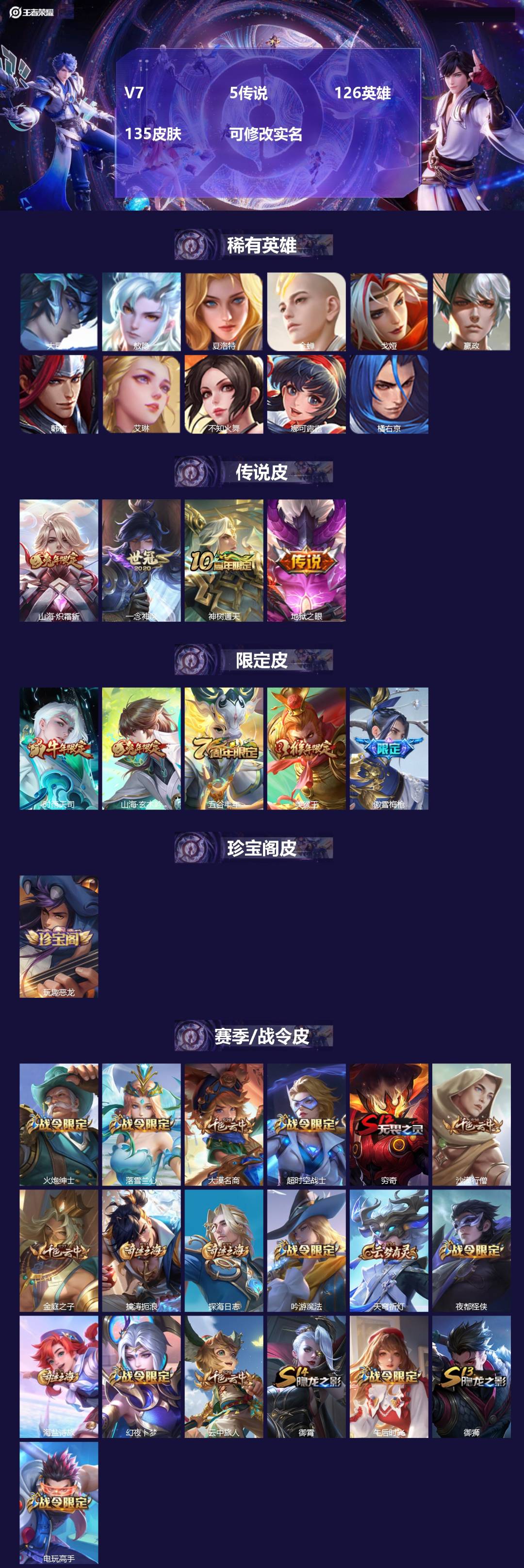 王者荣耀账号安卓QQV7 5传说 126英雄 135皮肤 可修改实名  
【英雄全皮】:李信全皮,敖隐全皮
【稀有英雄】