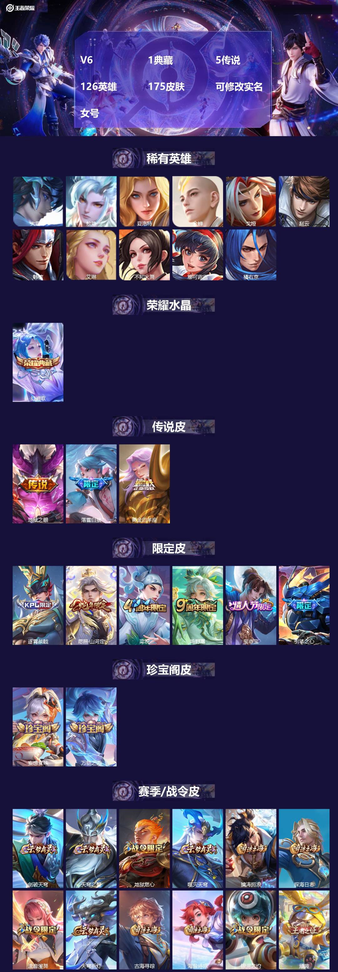 王者荣耀账号安卓QQ126英雄-175皮肤-V6 1典藏 5传说 126英雄 175皮肤 可修改实名 女号
【英雄全皮】