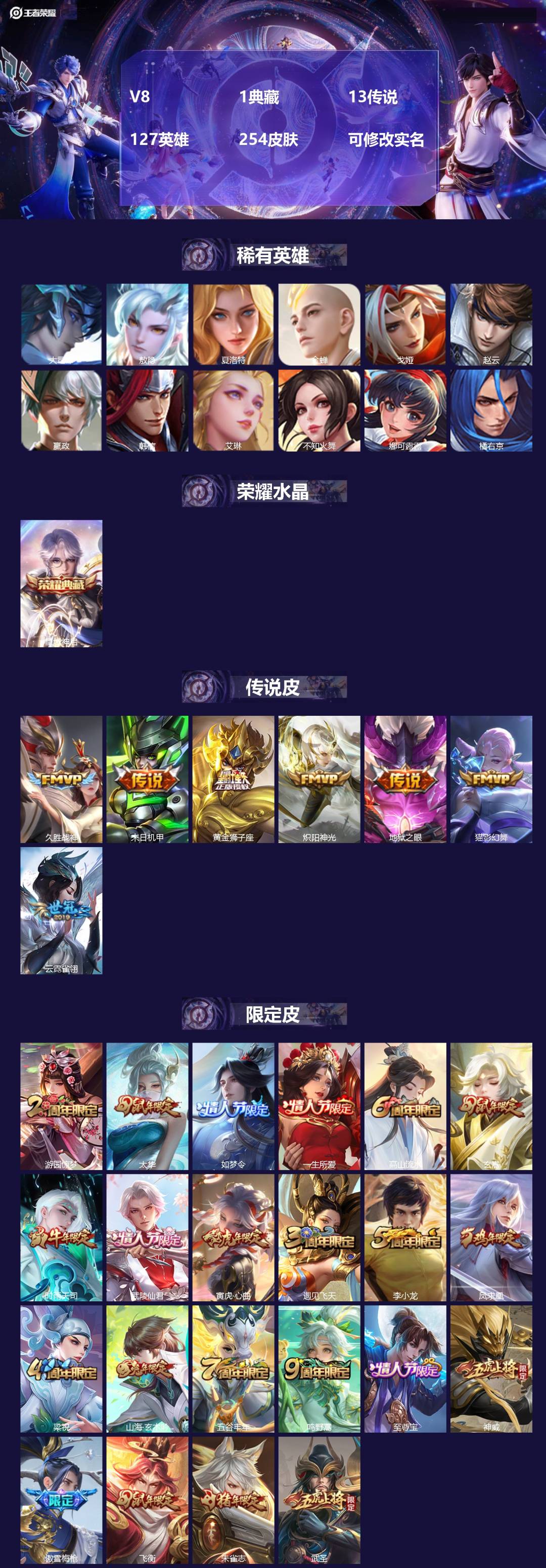 王者荣耀账号苹果QQ[14183138]V8 1典藏 13传说 127英雄 254皮肤 可修改实名 
【稀有英雄】:敖隐