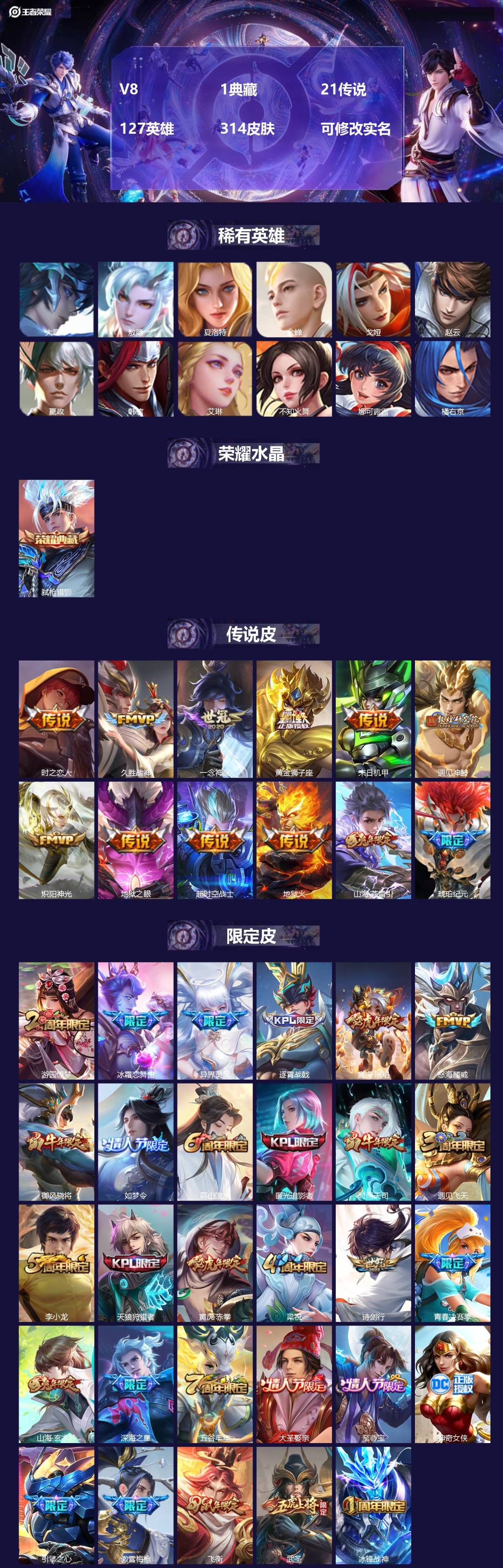 王者荣耀账号苹果QQ[14185522]V8 1典藏 21传说 127英雄 314皮肤 可修改实名 
【稀有英雄】:敖隐