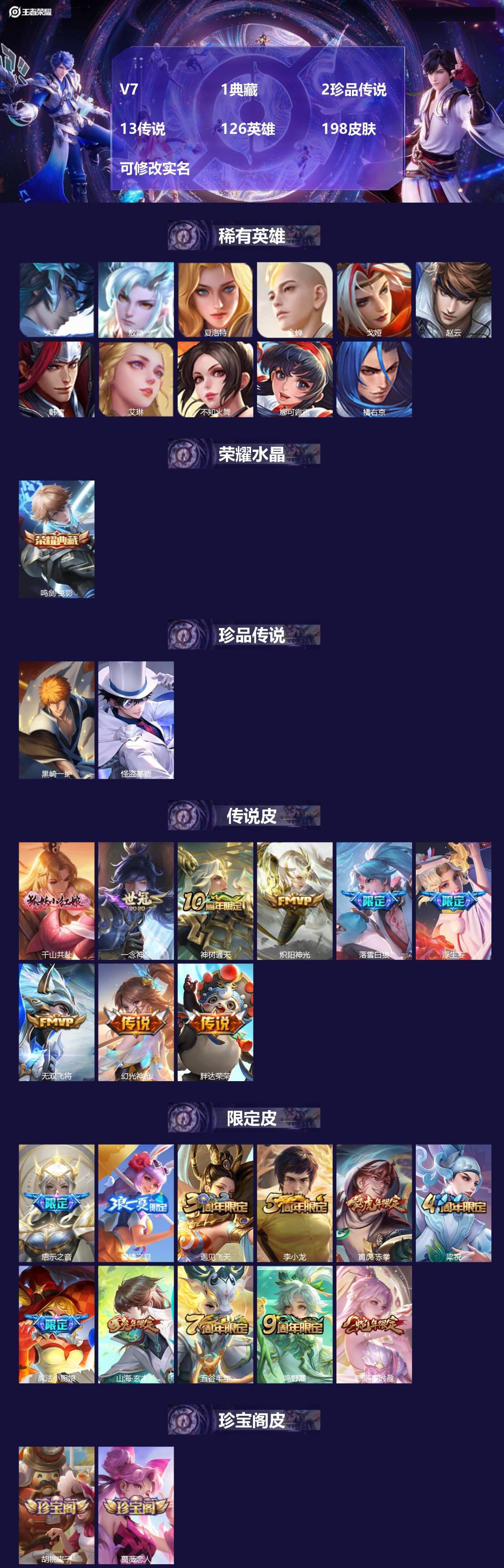 王者荣耀账号苹果QQ126英雄-198皮肤-[]V7 1典藏 2珍品传说 13传说 126英雄 198皮肤 可修改实名
