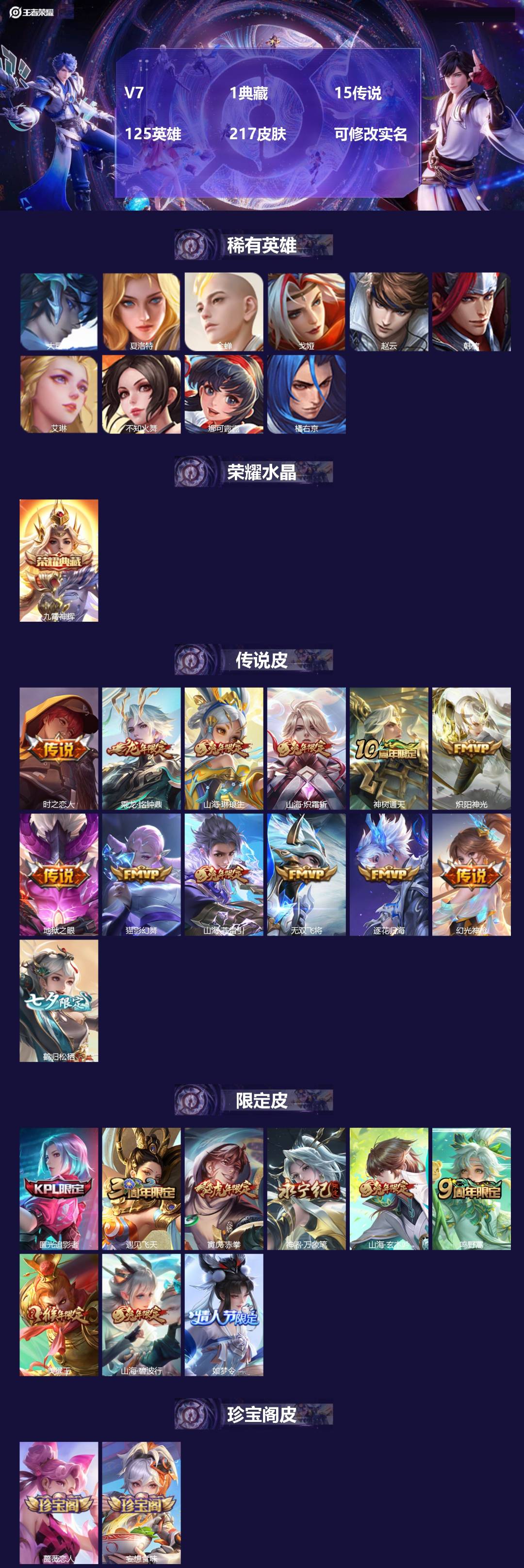 王者荣耀账号安卓QQ[14207383]V7 1典藏 15传说 125英雄 217皮肤 可修改实名 
【英雄全皮】:镜全