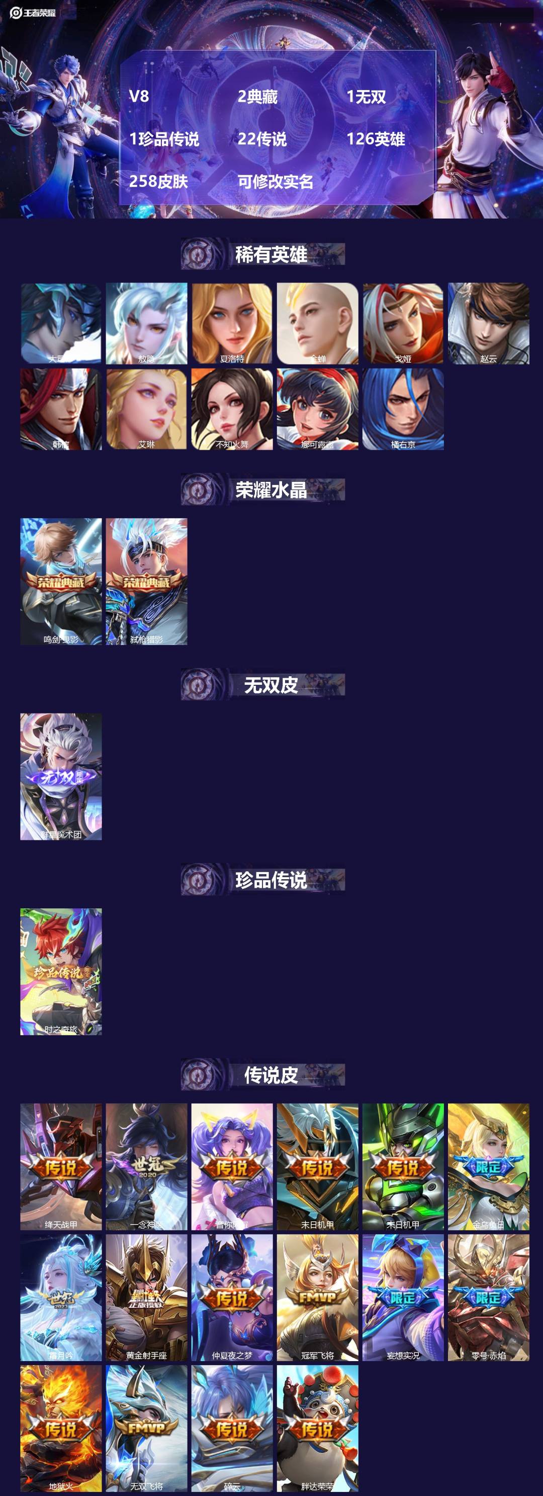 王者荣耀账号安卓QQ126英雄-258皮肤-[]V8 2典藏 1无双 1珍品传说 22传说 126英雄 258皮肤 可修