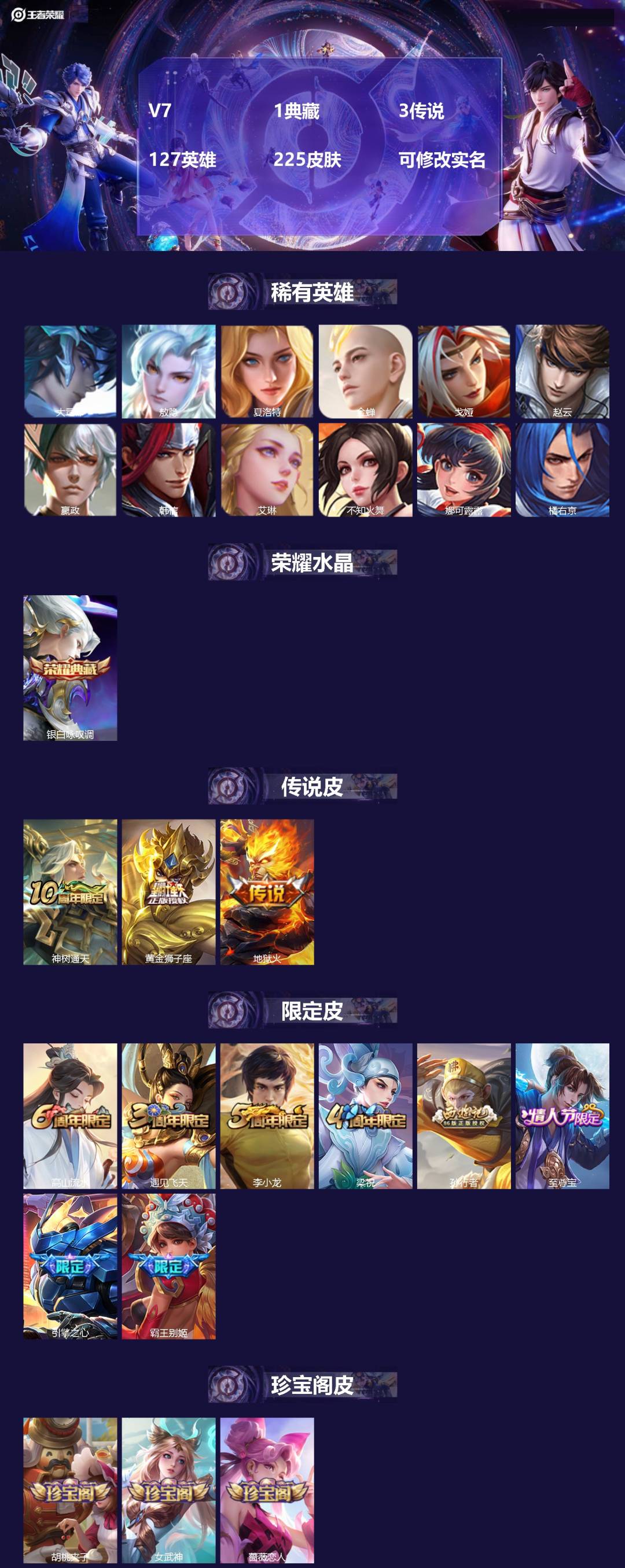 王者荣耀账号安卓QQ127英雄-225皮肤-V7 1典藏 3传说 127英雄 225皮肤 可修改实名 
【稀有英雄】:敖