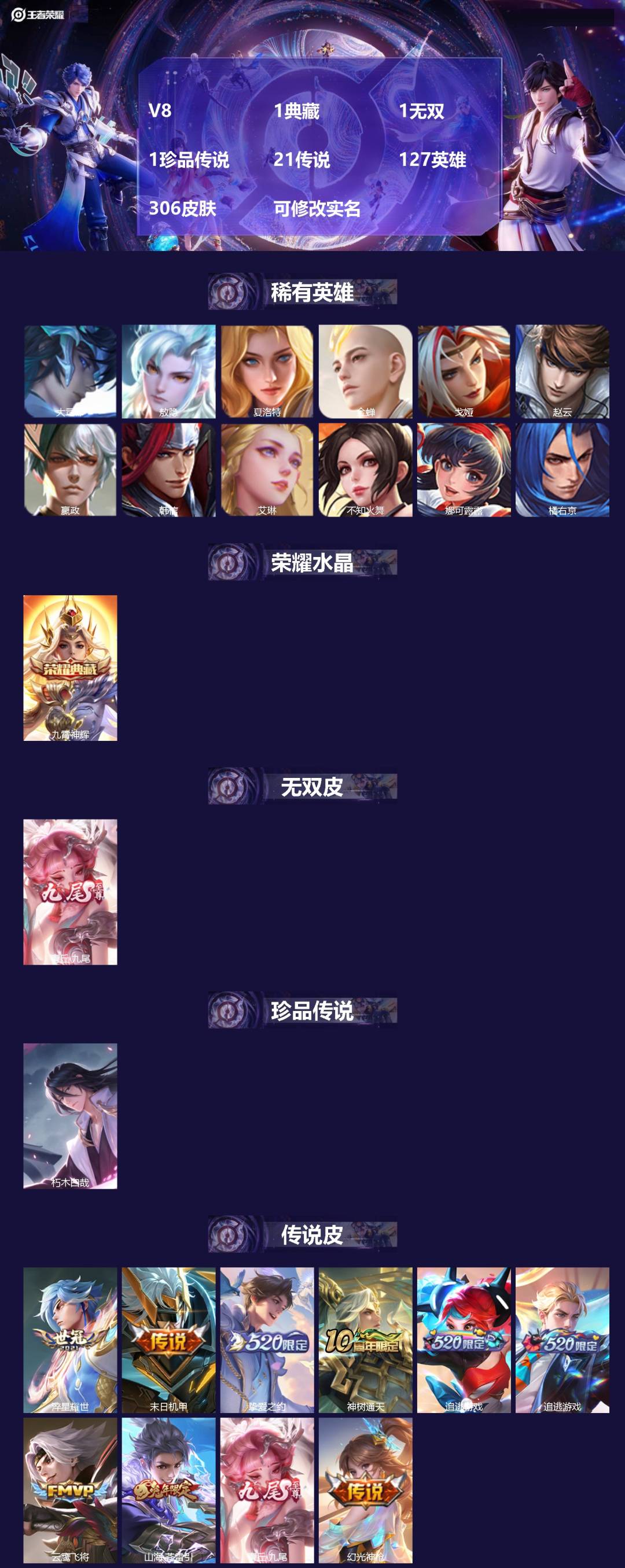 王者荣耀账号安卓QQ127英雄-306皮肤-V8 1典藏 1无双 1珍品传说 21传说 127英雄 306皮肤 可修改实