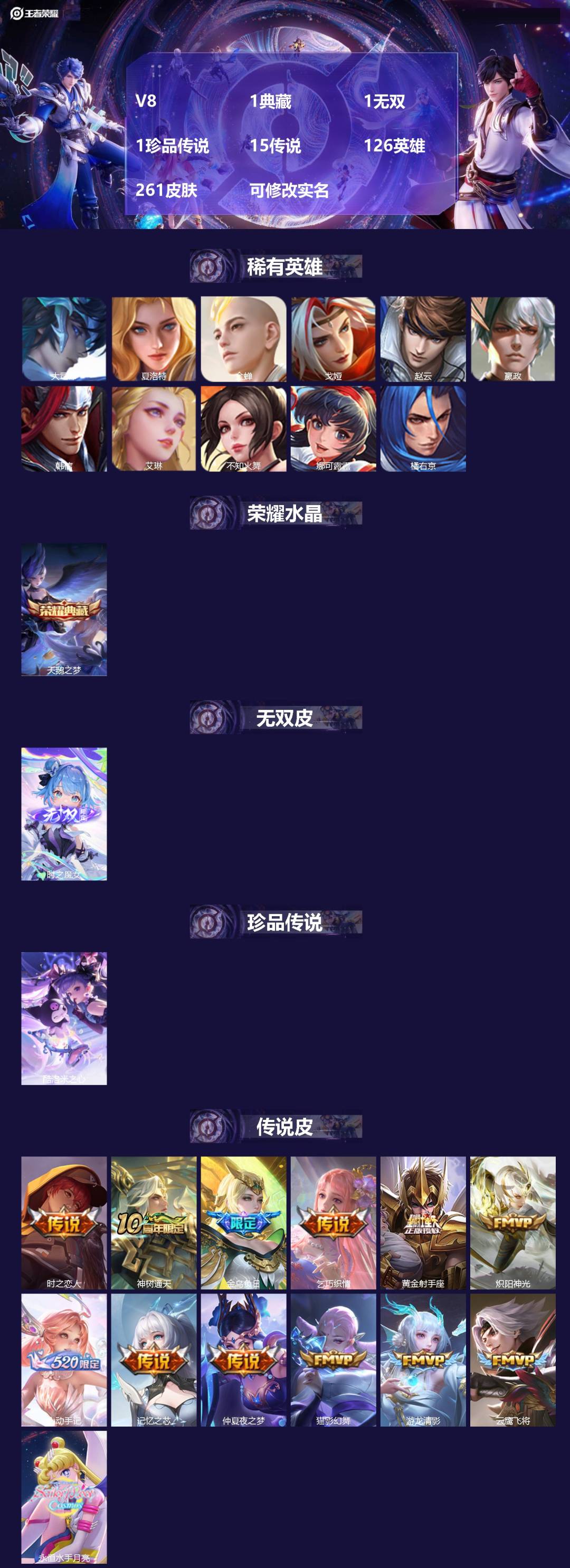 王者荣耀账号苹果QQ126英雄-261皮肤-V8 1典藏 1无双 1珍品传说 15传说 126英雄 261皮肤 可修改实