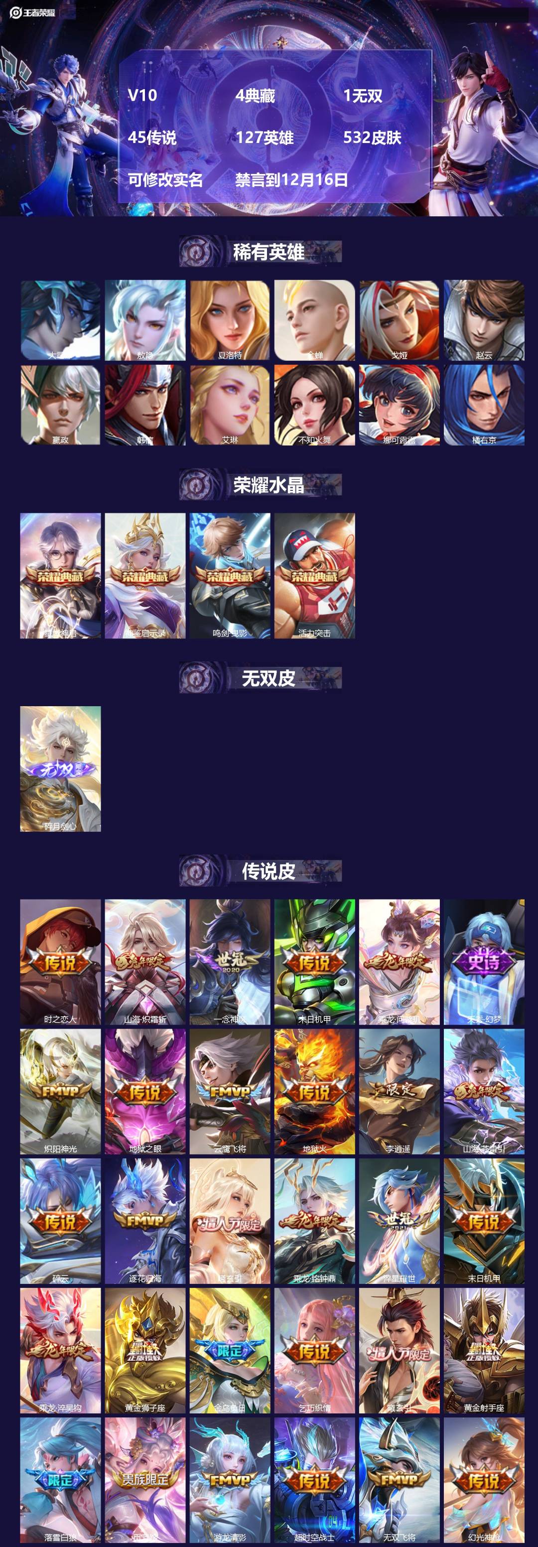 王者荣耀账号苹果QQ[14230549]V10 4典藏 1无双 45传说 127英雄 532皮肤 可修改实名 禁言到12