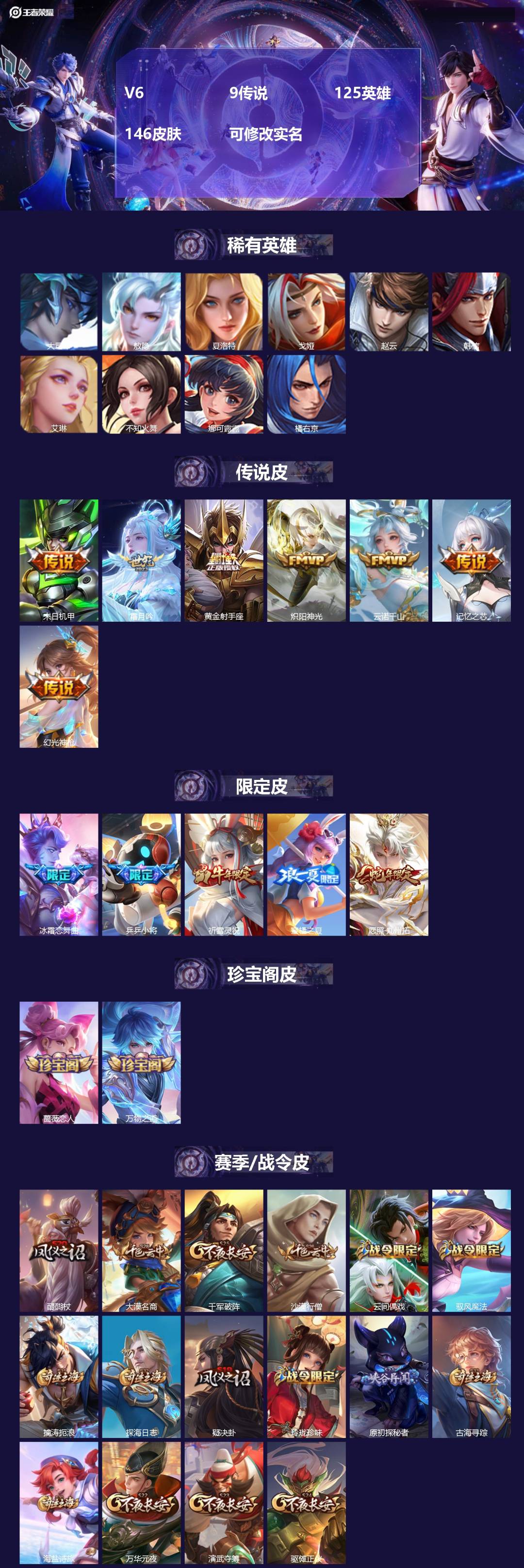 王者荣耀账号安卓QQ[14235805]V6 9传说 125英雄 146皮肤 可修改实名 
【稀有英雄】:敖隐(小龙人)