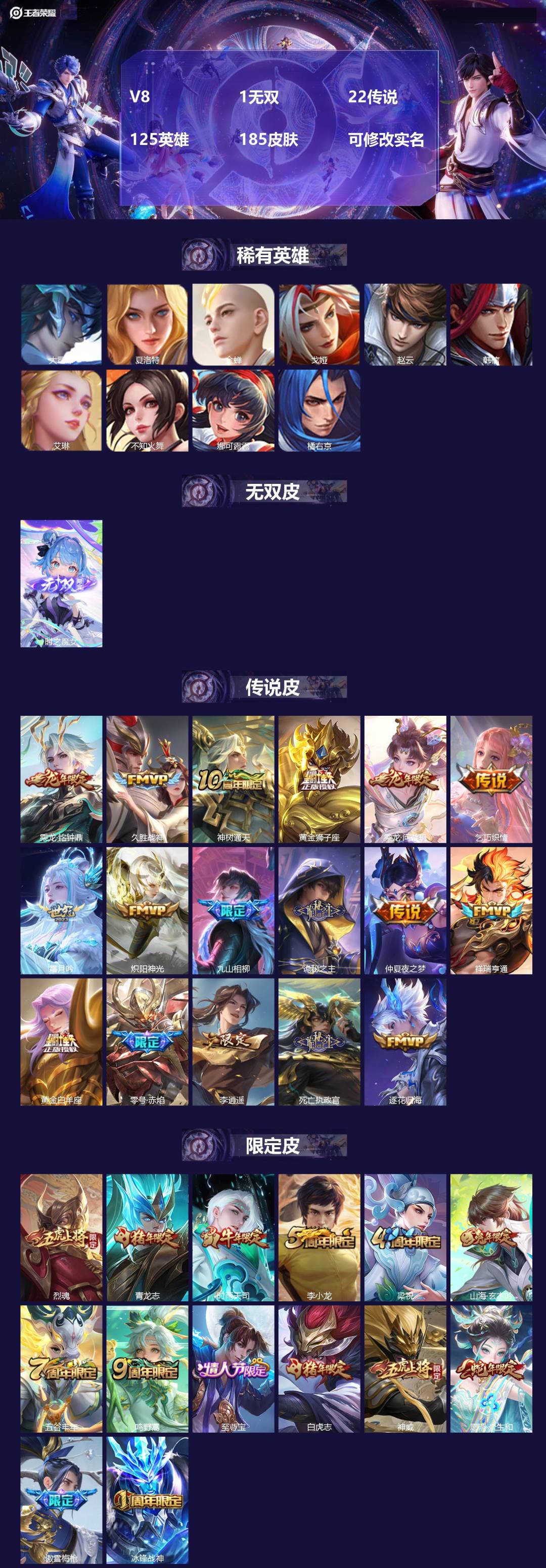 王者荣耀账号苹果QQ[14235808]V8 1无双 22传说 125英雄 185皮肤 可修改实名 
【稀有英雄】:大司