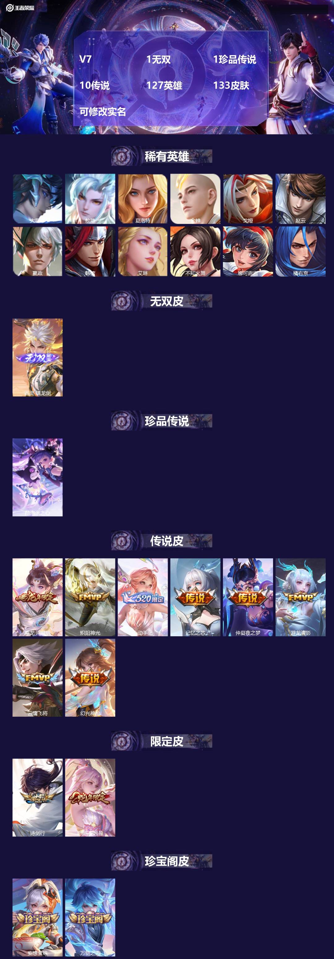 王者荣耀账号安卓QQ[14235896]V7 1无双 1珍品传说 10传说 127英雄 133皮肤 可修改实名 
【英雄