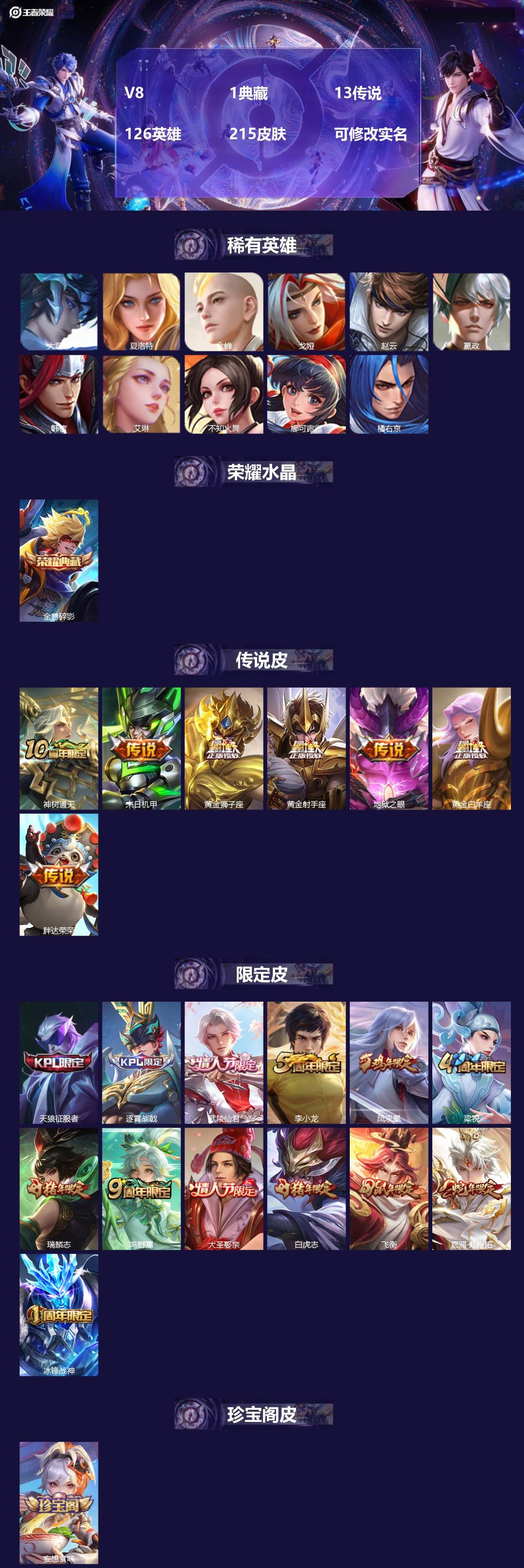王者荣耀账号安卓QQ126英雄-215皮肤-[]V8 1典藏 13传说 126英雄 215皮肤 可修改实名 
【稀有英雄