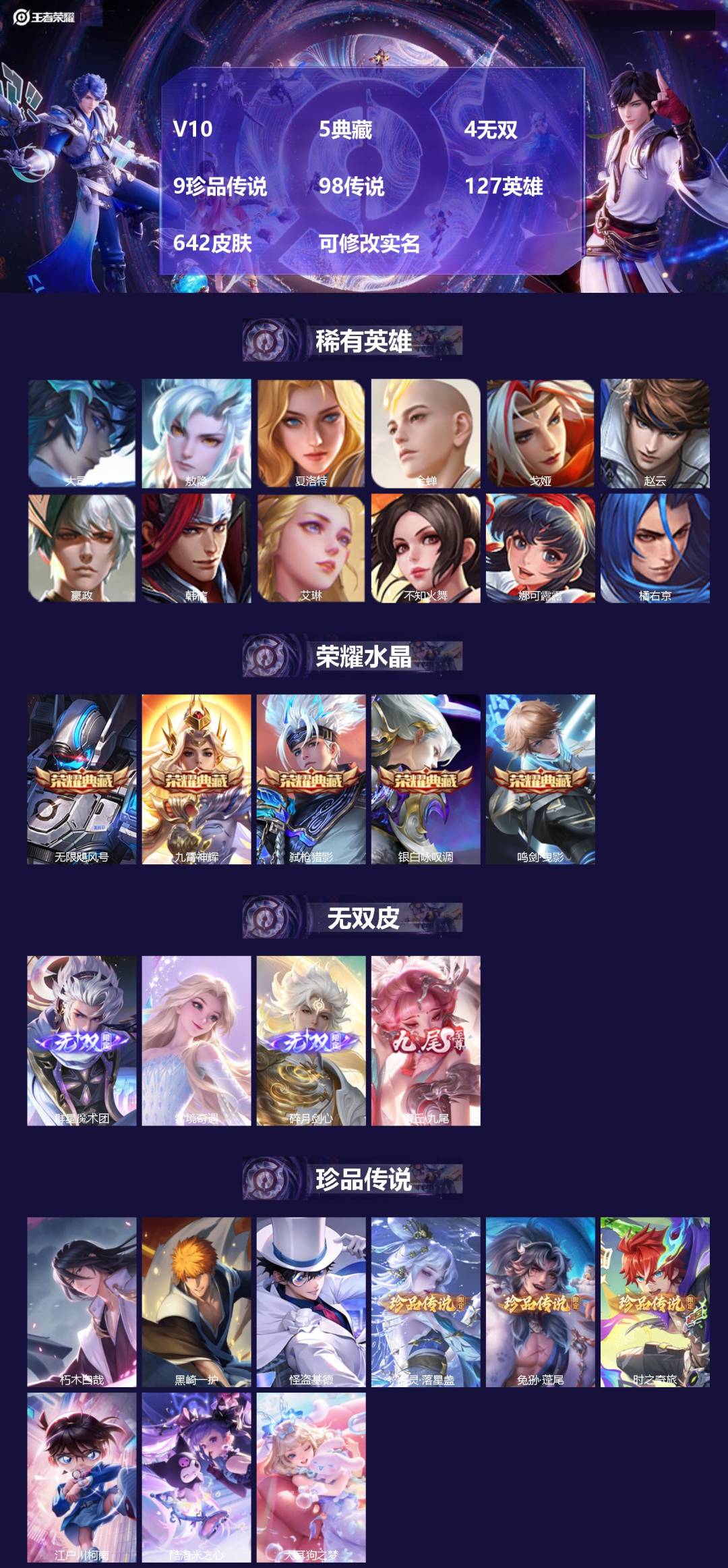 王者荣耀账号安卓QQ[14236748]V10 5典藏 4无双 9珍品传说 98传说 127英雄 642皮肤 可修改实名