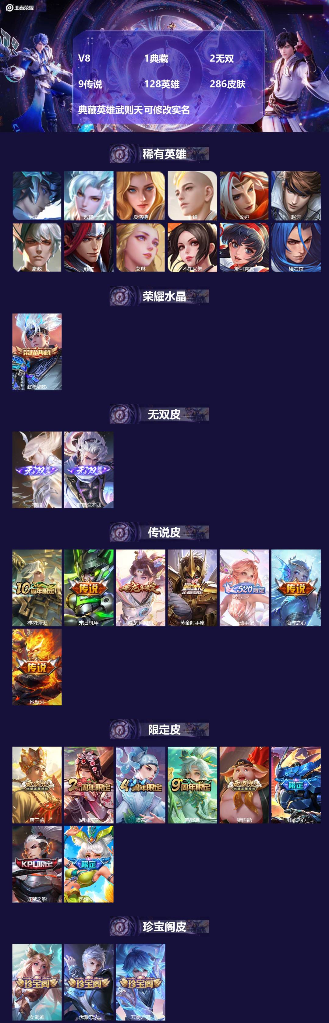 王者荣耀账号苹果QQV8 1典藏 2无双 9传说 128英雄 286皮肤 典藏英雄武则天 可修改实名 
【英雄全皮】:朵