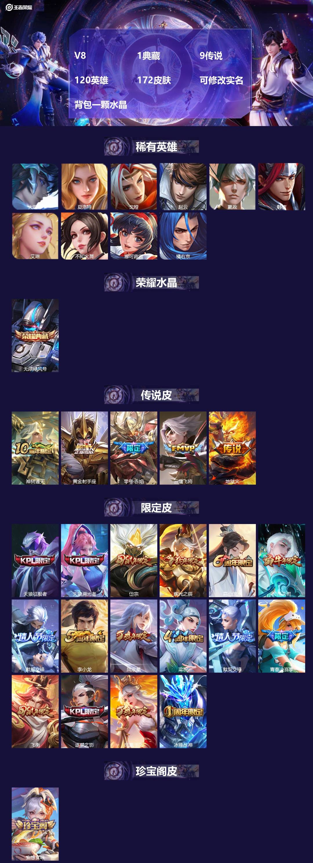 王者荣耀账号苹果QQ[14262323]V8 1典藏 9传说 120英雄 172皮肤 可修改实名 背包一颗水晶
【稀有英