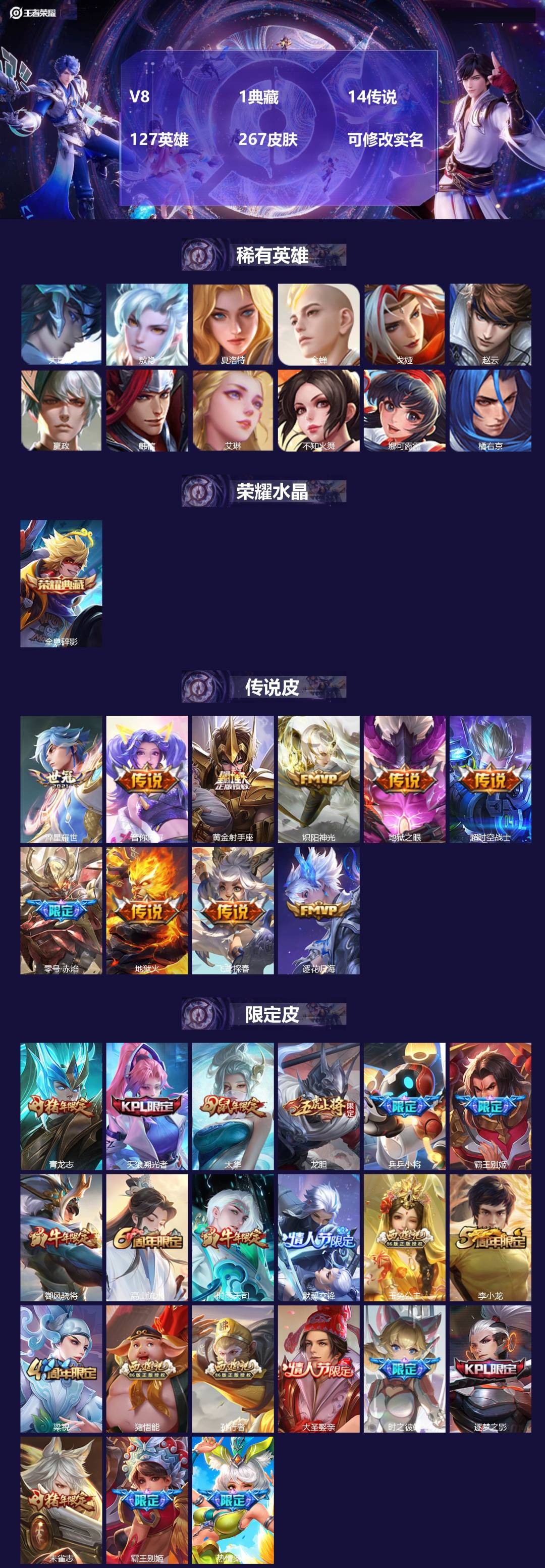 王者荣耀账号苹果QQV8 1典藏 14传说 127英雄 267皮肤 可修改实名 
【英雄全皮】:敖隐全皮,猪八戒全皮
【