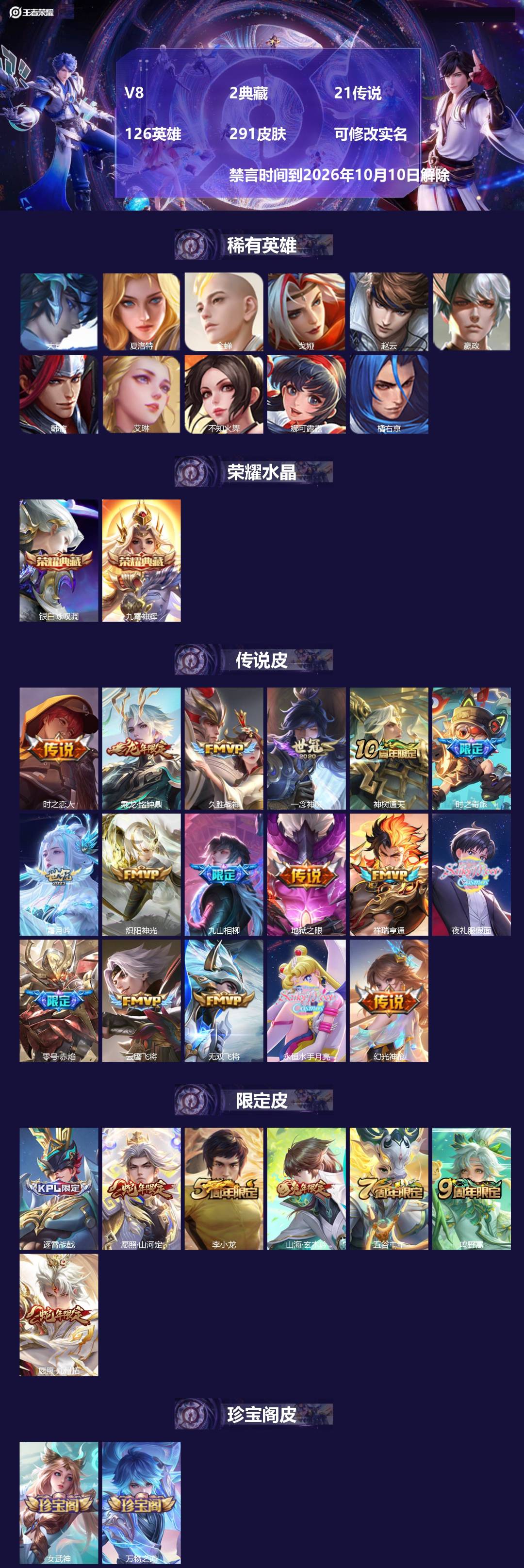 王者荣耀账号安卓QQV8 2典藏 21传说 126英雄 291皮肤 可修改实名  禁言时间到2026年10月10日解除
