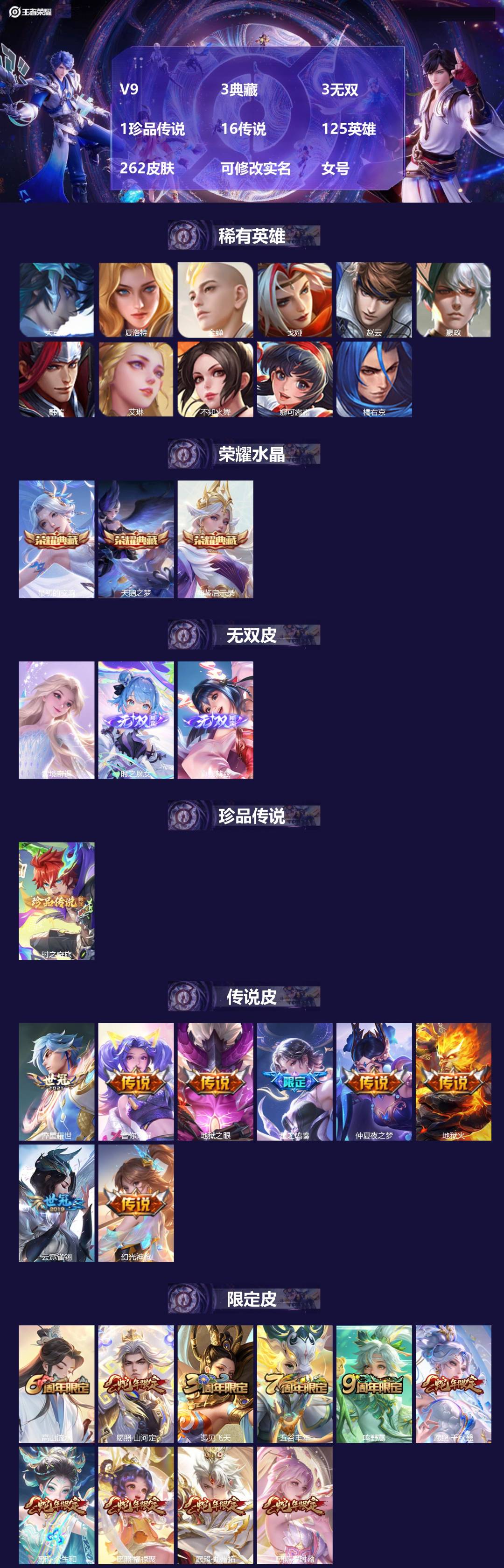 王者荣耀账号苹果VXV9 3典藏 3无双 1珍品传说 16传说 125英雄 262皮肤 可修改实名 女号
【英雄全皮】: