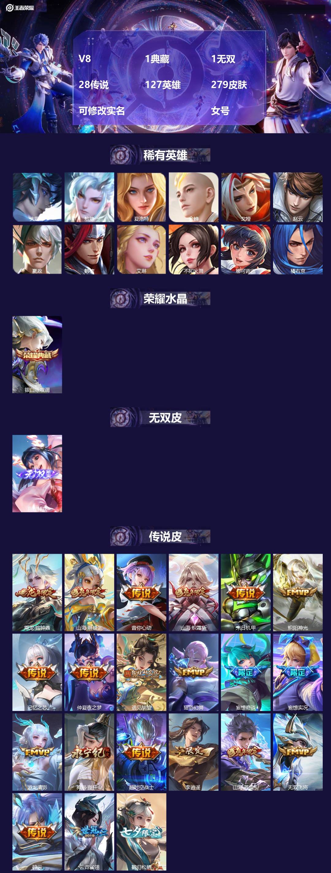 王者荣耀账号安卓QQ[14291823]V8 1典藏 1无双 28传说 127英雄 279皮肤 可修改实名  女号
【英