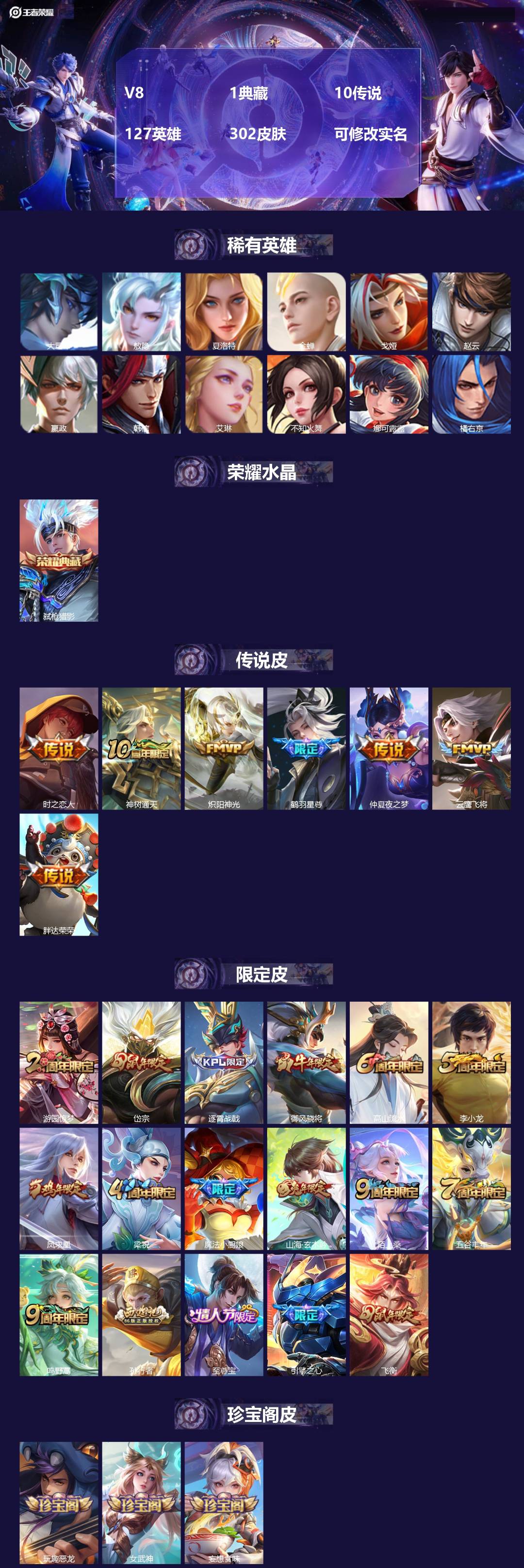 王者荣耀账号安卓QQ[14292184]V8 1典藏 10传说 127英雄 302皮肤 可修改实名 
【英雄全皮】:敖隐