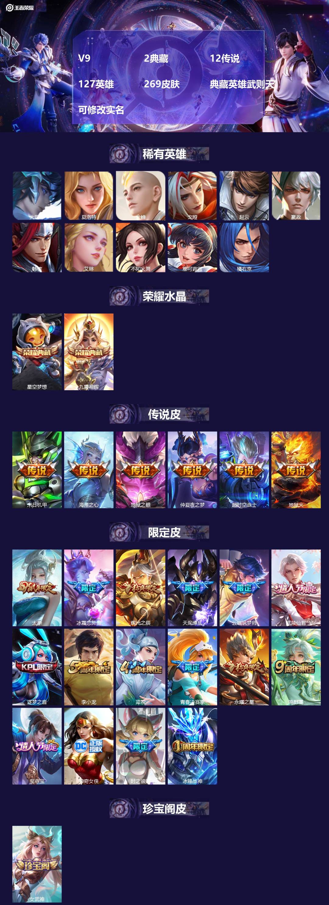 王者荣耀账号安卓QQV9 2典藏 12传说 127英雄 269皮肤 典藏英雄武则天 可修改实名 
【英雄全皮】:阿轲全皮