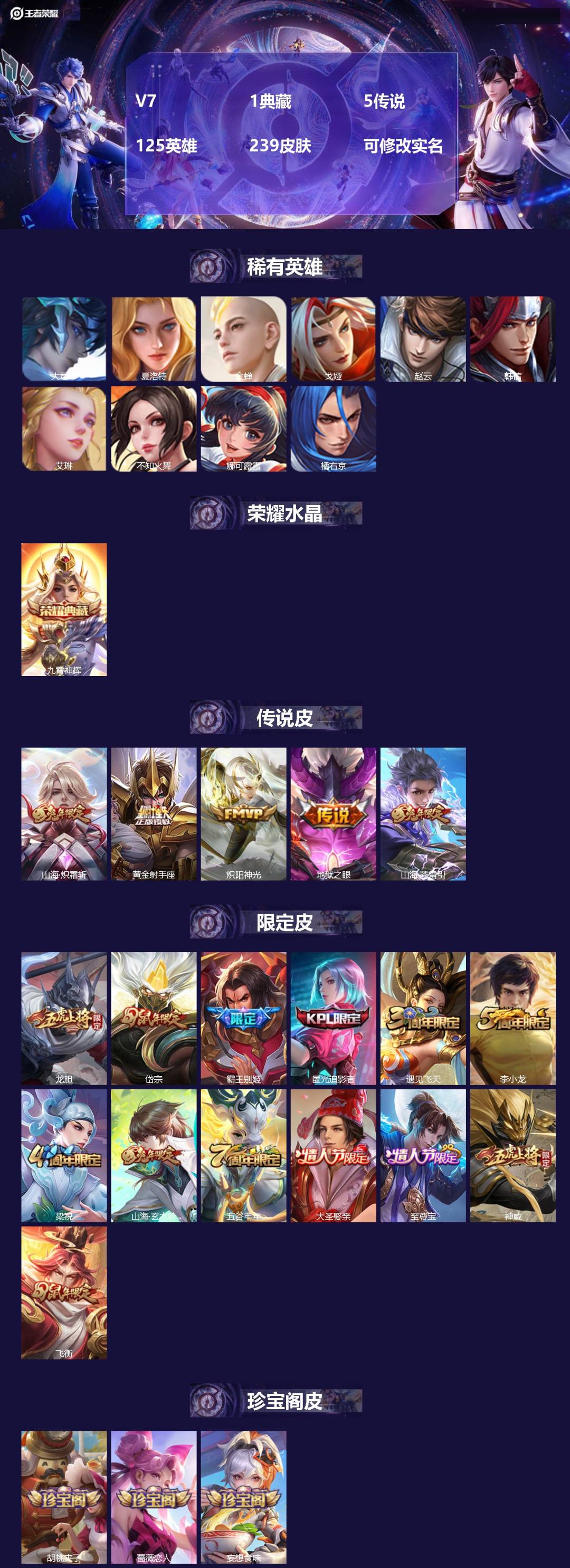 王者荣耀账号安卓QQ125英雄-239皮肤-[]V7 1典藏 5传说 125英雄 239皮肤 可修改实名 
【稀有英雄】