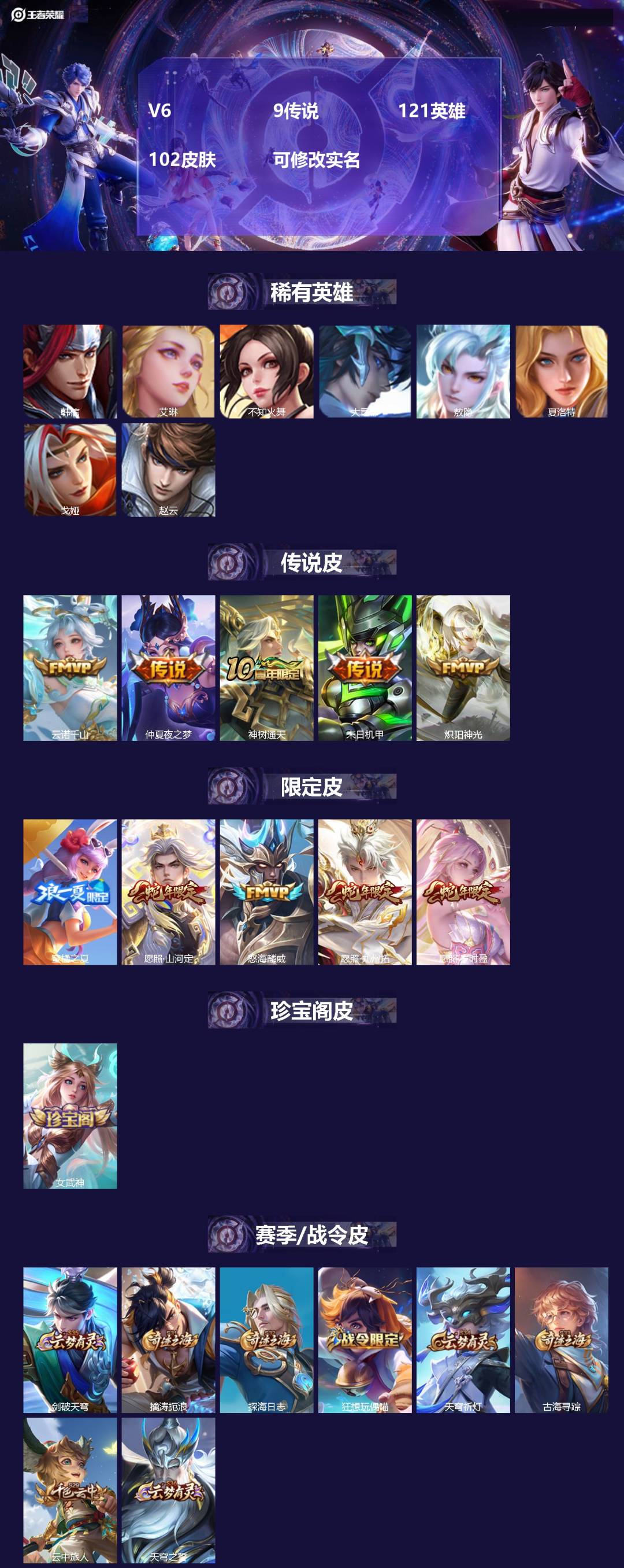 王者荣耀账号苹果QQV6 9传说 121英雄 102皮肤 可修改实名 
【英雄全皮】:敖隐全皮
【稀有英雄】:敖隐(小龙