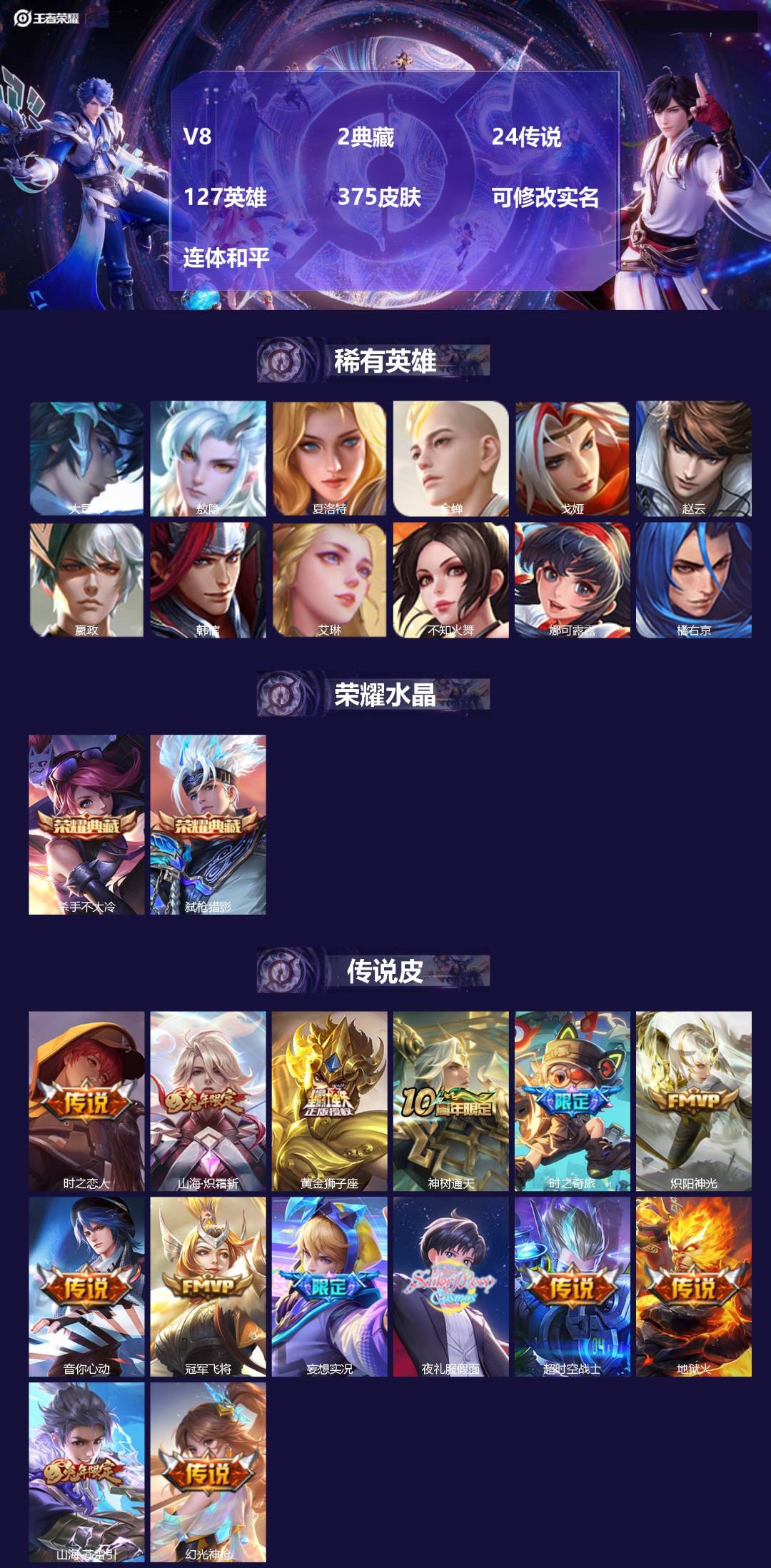 王者荣耀账号安卓QQ[14316191]V8 2典藏 24传说 127英雄 375皮肤 可修改实名 连体和平
【英雄全皮