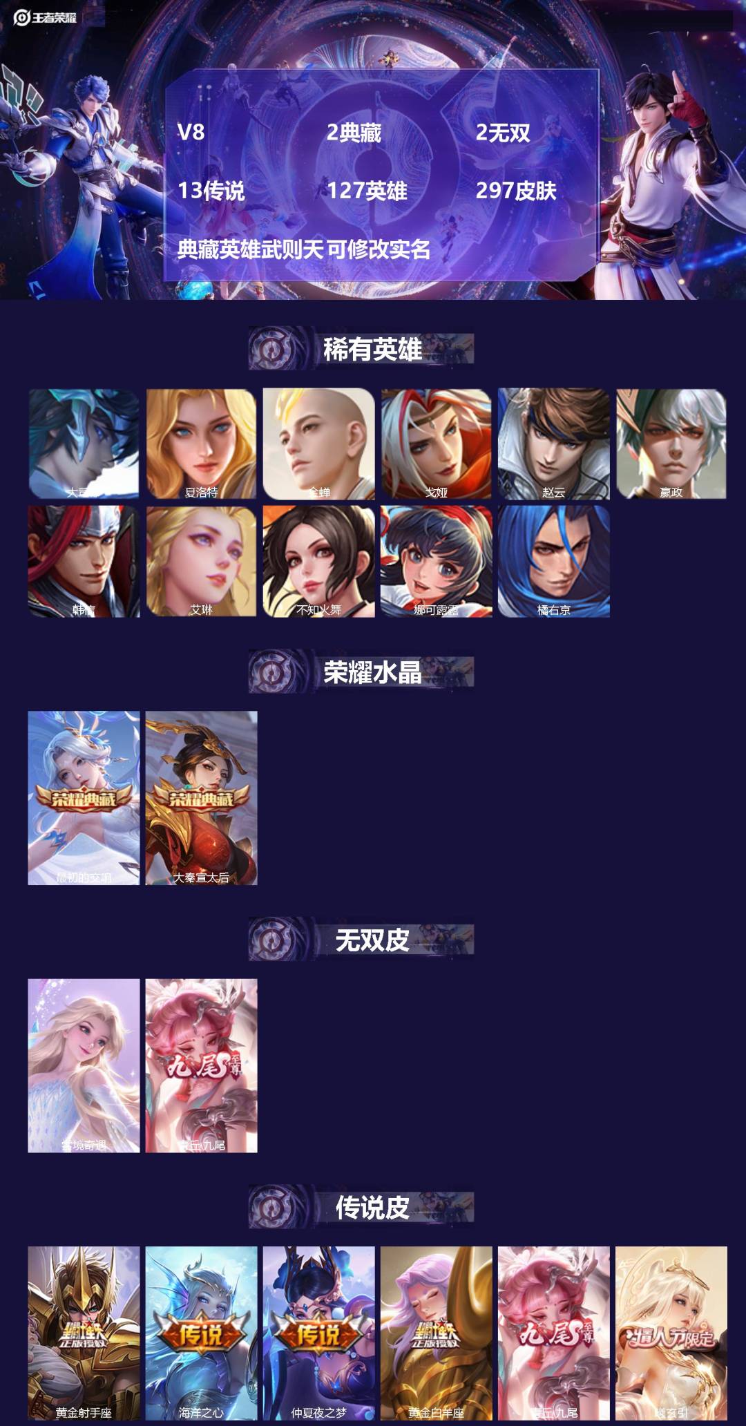 王者荣耀账号苹果QQ127英雄-297皮肤-[]V8 2典藏 2无双 13传说 127英雄 297皮肤 典藏英雄武则天 