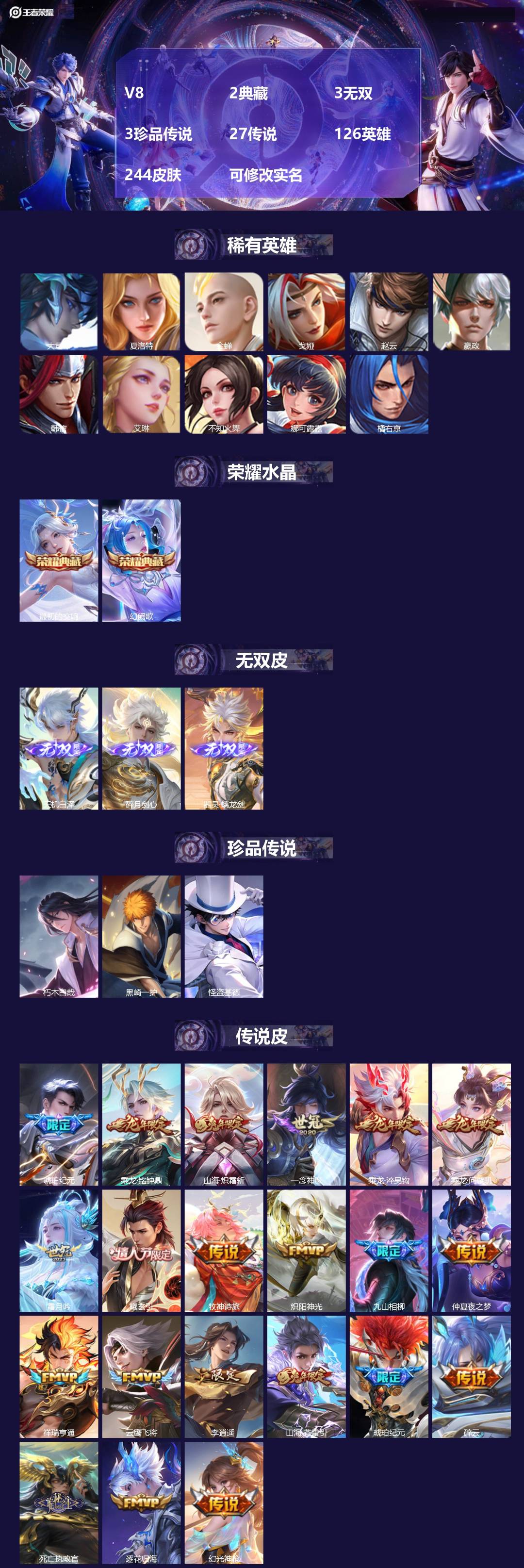 王者荣耀账号安卓QQV8 2典藏 3无双 3珍品传说 27传说 126英雄 244皮肤 可修改实名 
【英雄全皮】:李信